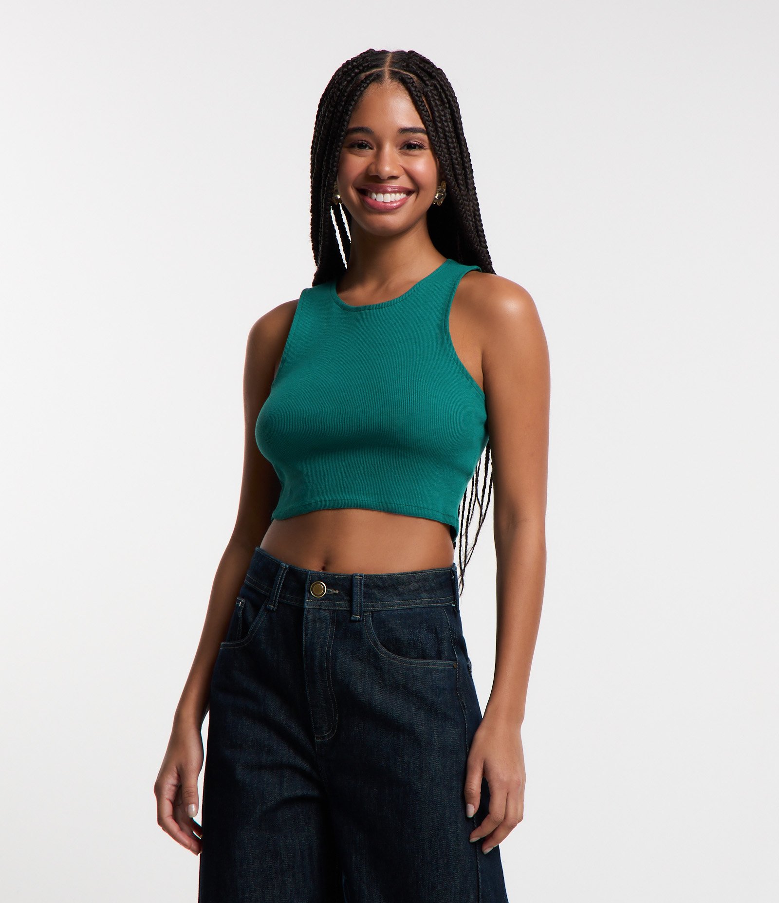 Blusa Cropped Sem Manga Em Algod O Textura Canelada Verde Escuro