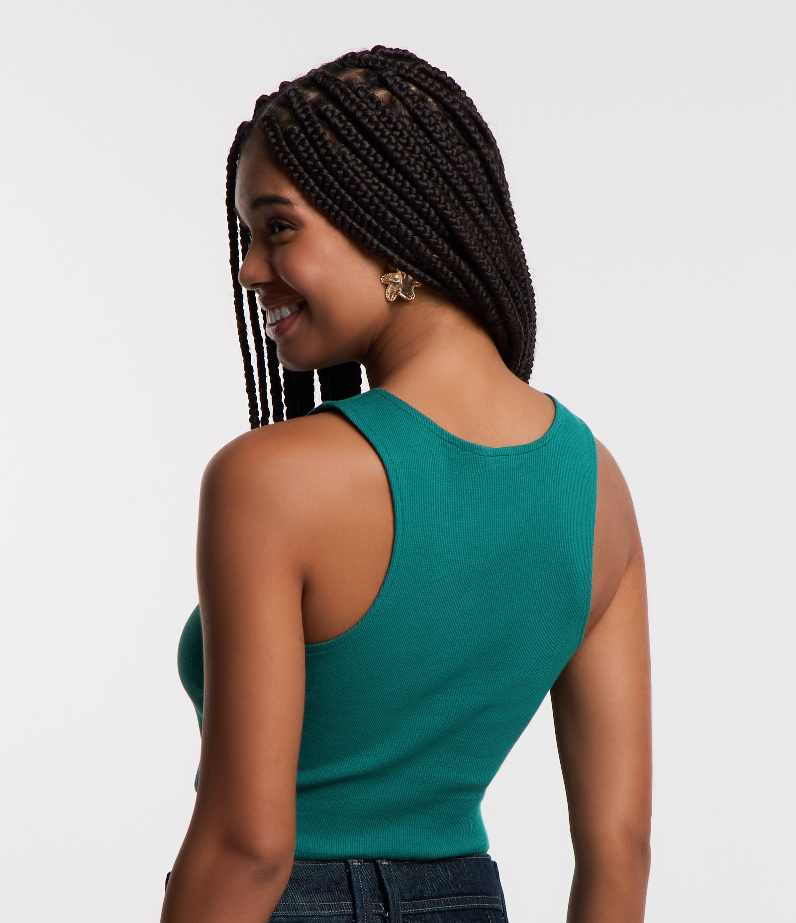 Blusa Cropped sem Manga em Algodão com Textura Canelada Verde Escuro 3