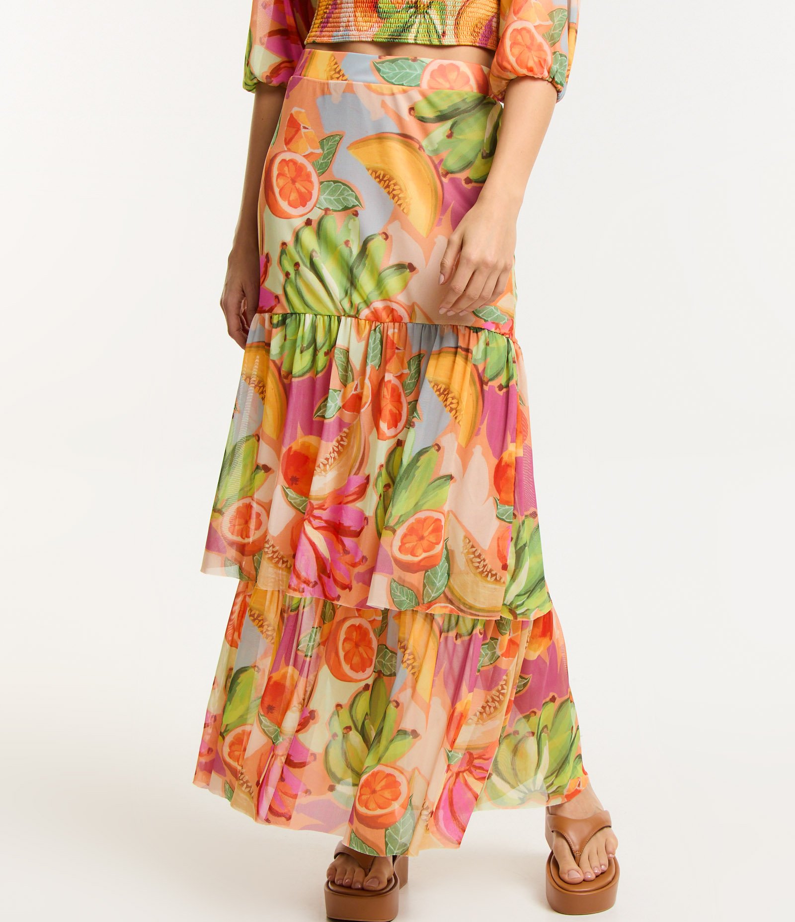 Saia Midi em Tule com Camadas e Estampa de Frutas Laranja 2