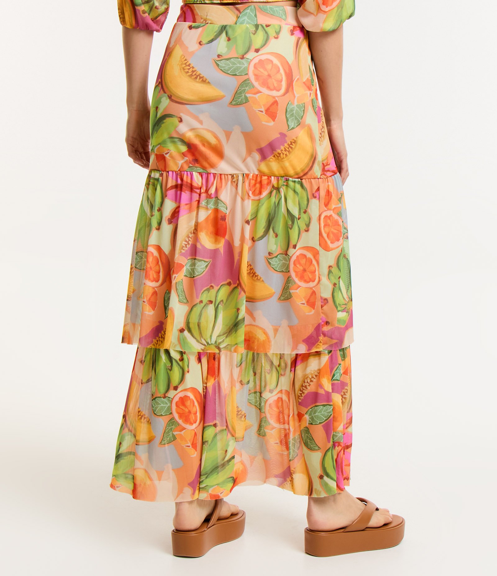 Saia Midi em Tule com Camadas e Estampa de Frutas Laranja 3