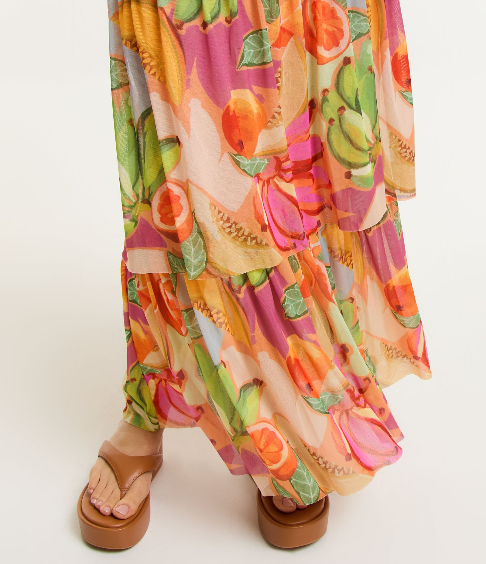 Saia Midi em Tule com Camadas e Estampa de Frutas Laranja 5