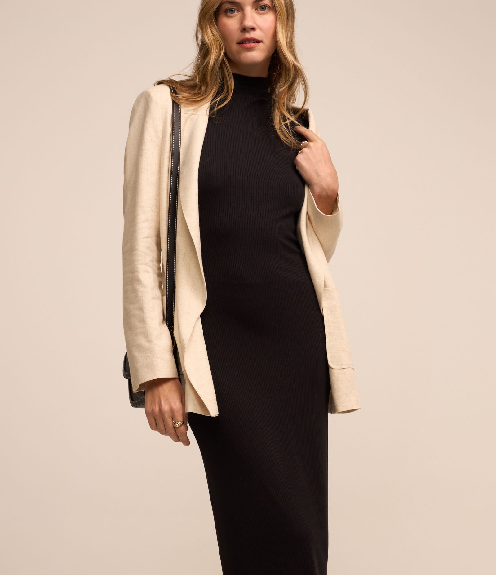 Vestido Midi Sem Manga em Ribana com Gola Alta Preto 1