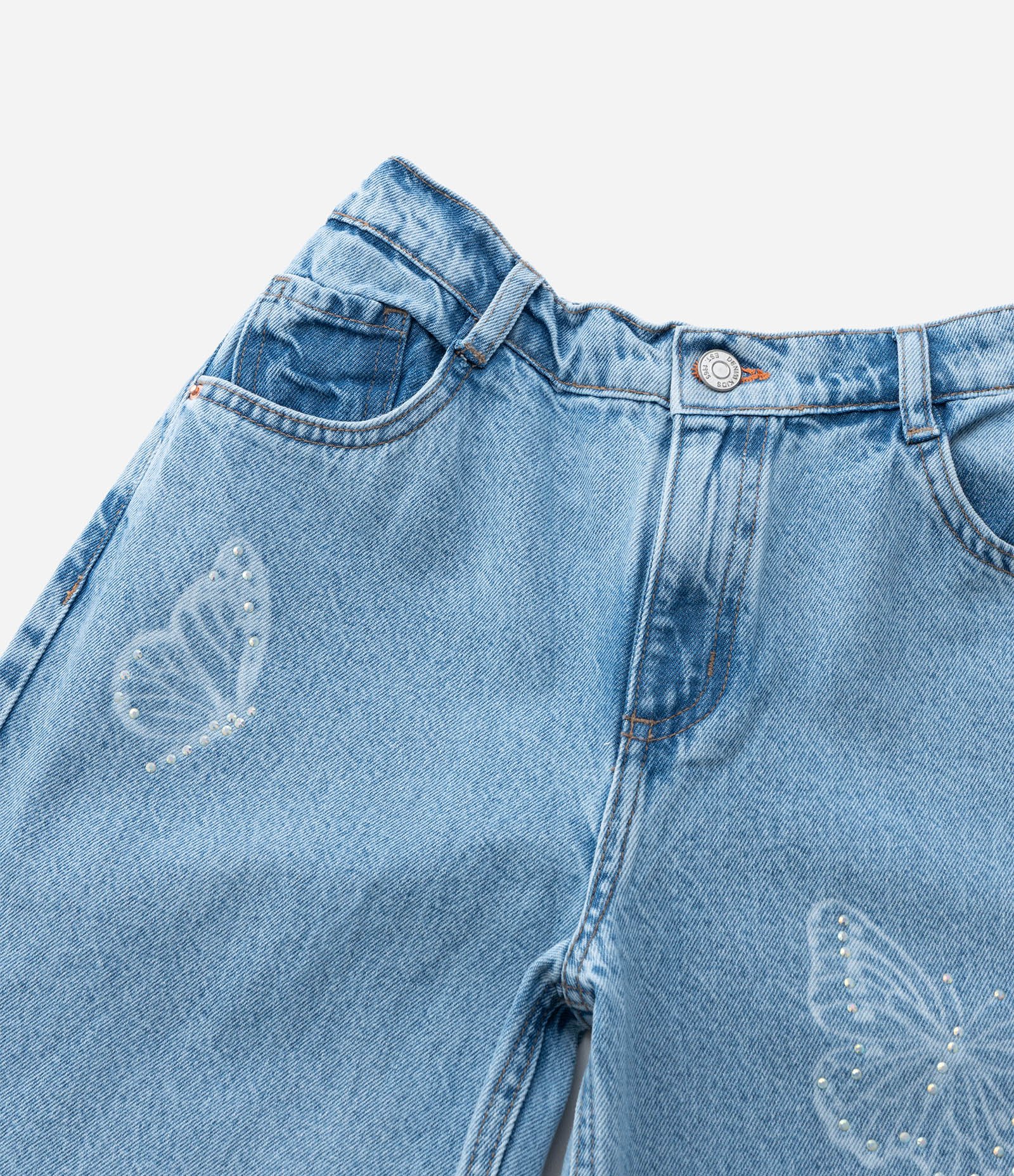 Calça Wide Leg Infantil Jeans com Estampa de Borboletas - Tam 4 a 14 Anos Azul 5