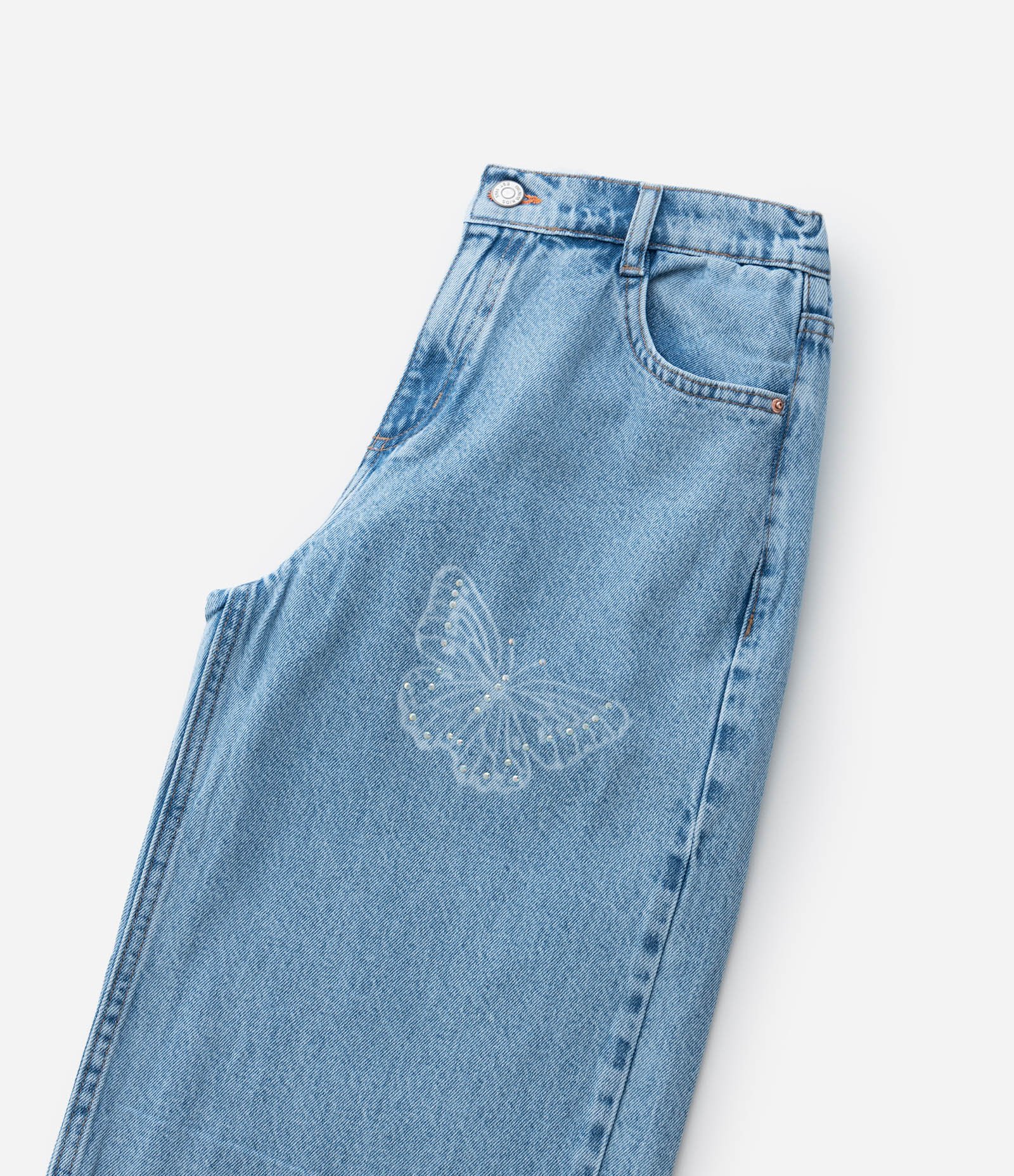 Calça Wide Leg Infantil Jeans com Estampa de Borboletas - Tam 4 a 14 Anos Azul 6
