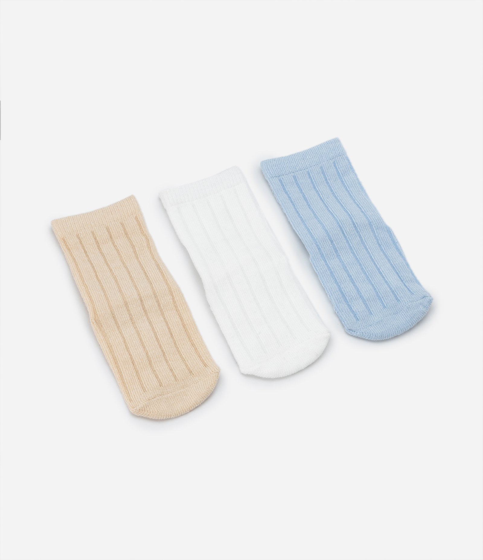 Kit 03 Meias Infantis em Algodão Caneladas - Tam 0 a 12 meses Bege/Branco/Azul 1