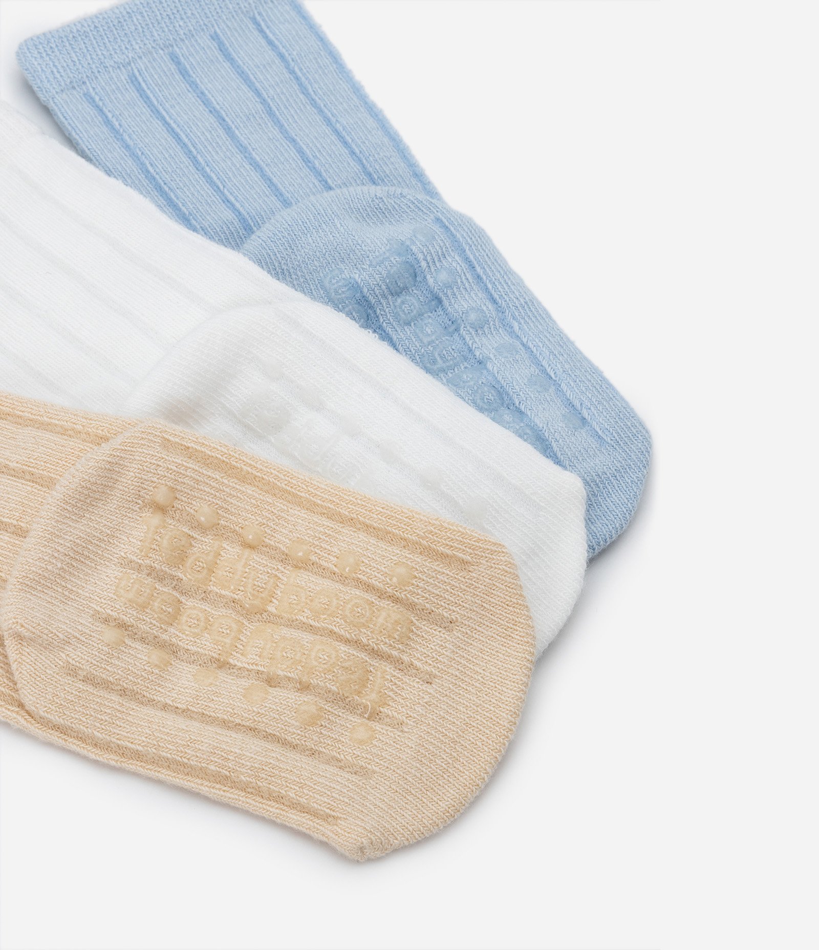 Kit 03 Meias Infantis em Algodão Caneladas - Tam 0 a 12 meses Bege/Branco/Azul 3