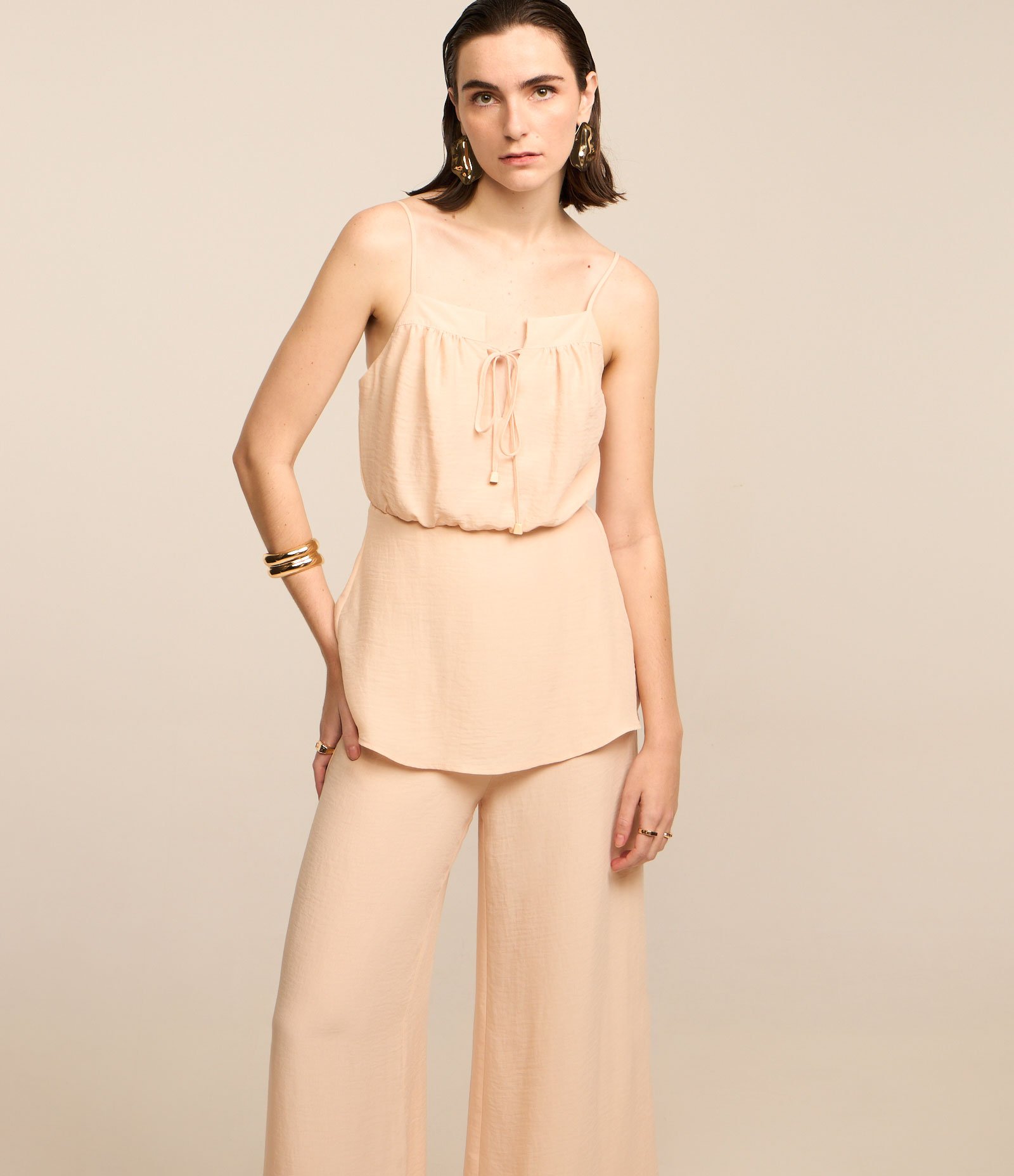 Macacão Reto em Viscose com Camada Sobreposta na Cintura Off White 1