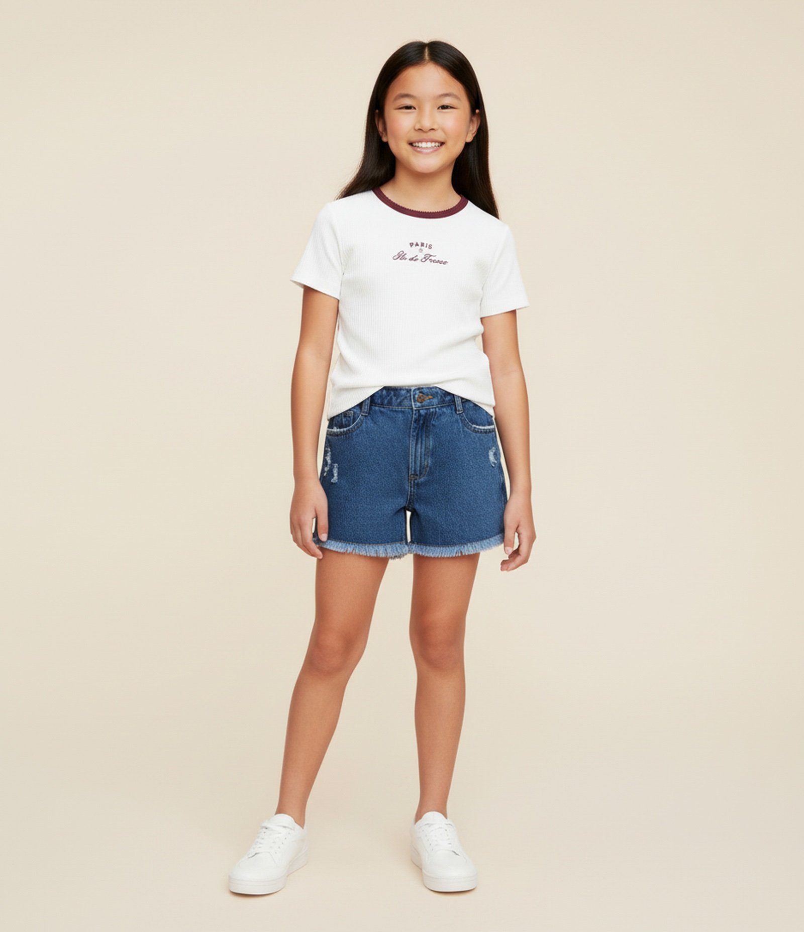 Short Infantil em Jeans com Puídos e Barra Desfiada - Tam 5 a 10 Anos Azul 1