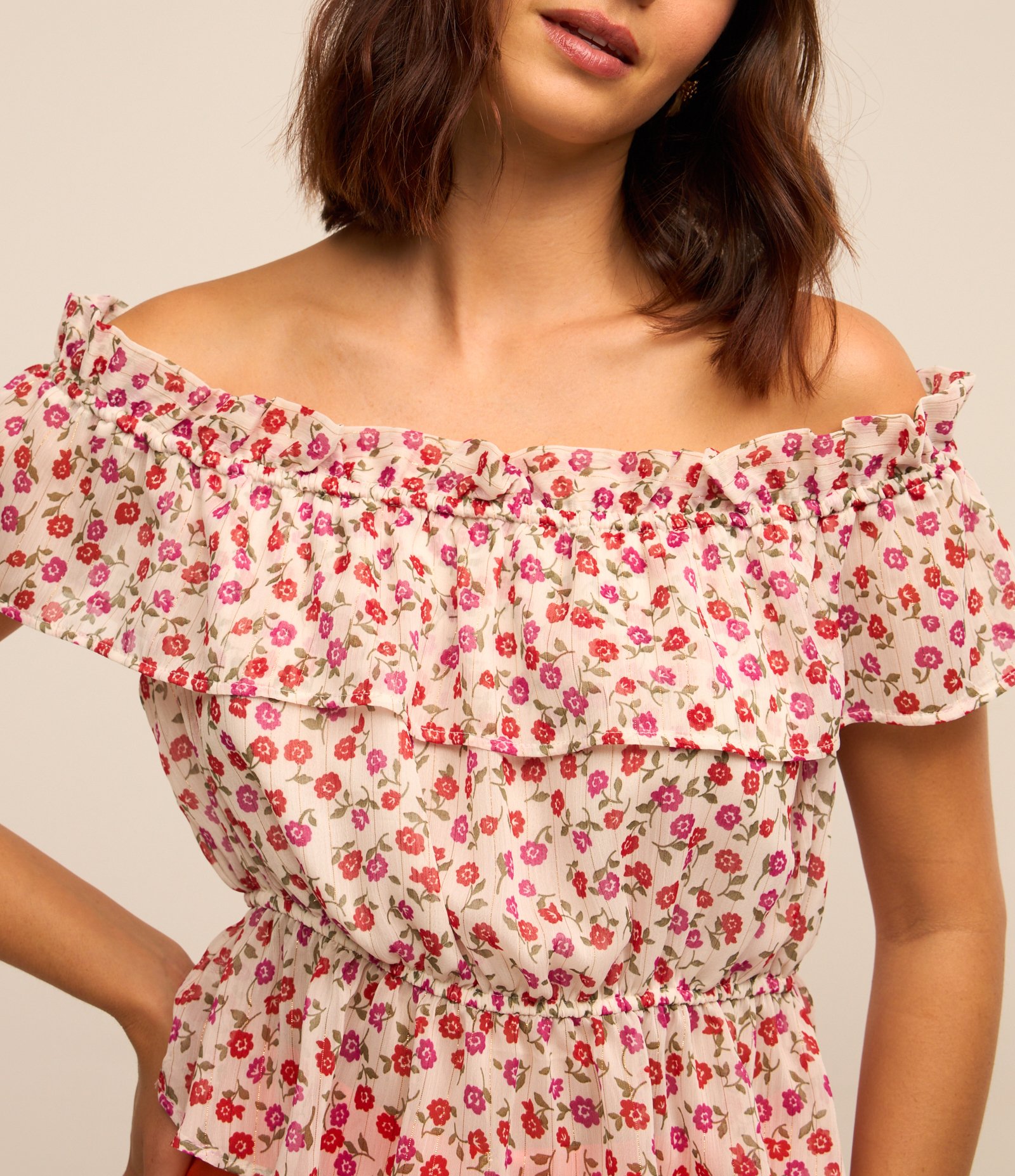 Blusa Ombro a Ombro em Crepe com Estampa Floral Branco 5
