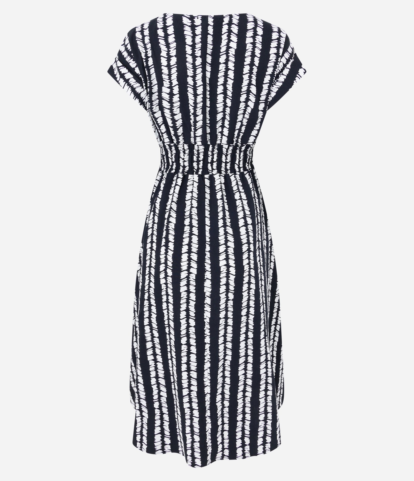 Vestido Midi em Tricoline com Lastex na Cintura e Decote V Preto/ Branco 7