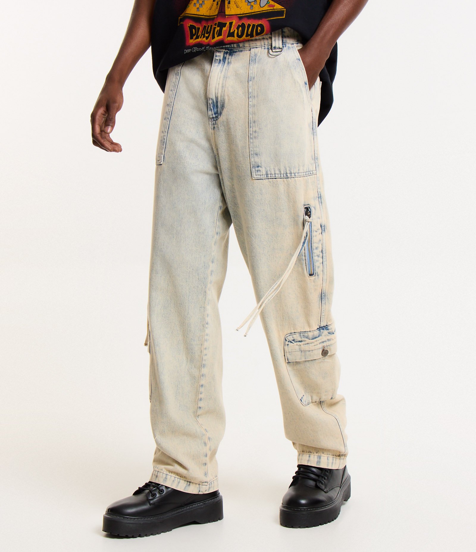 Calça Baggy em Jeans Dirty Multibolsos com Zíper Lateral Azul 2