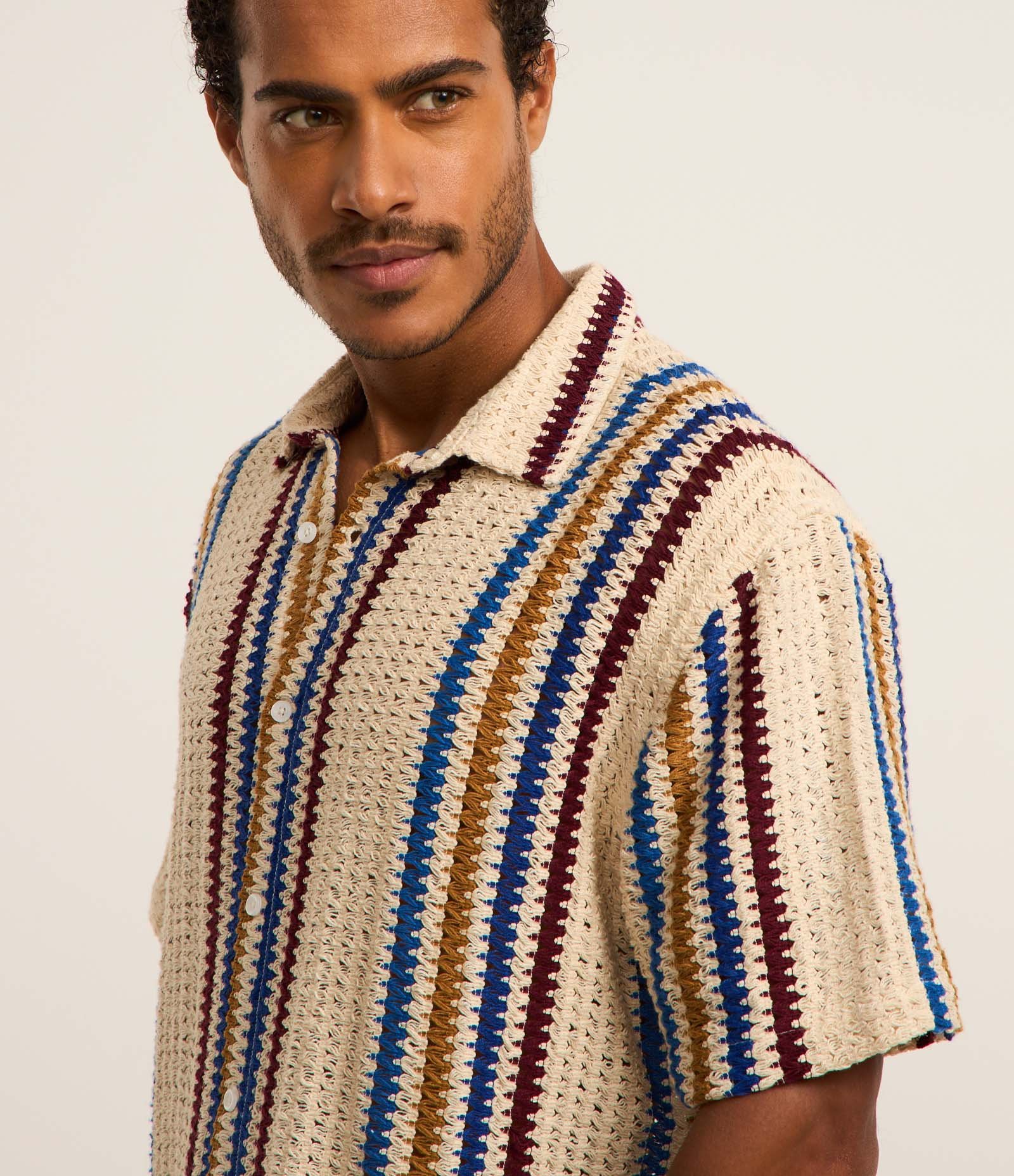Camisa em Crochê Rustico com Textura e Listras Contrastantes 2