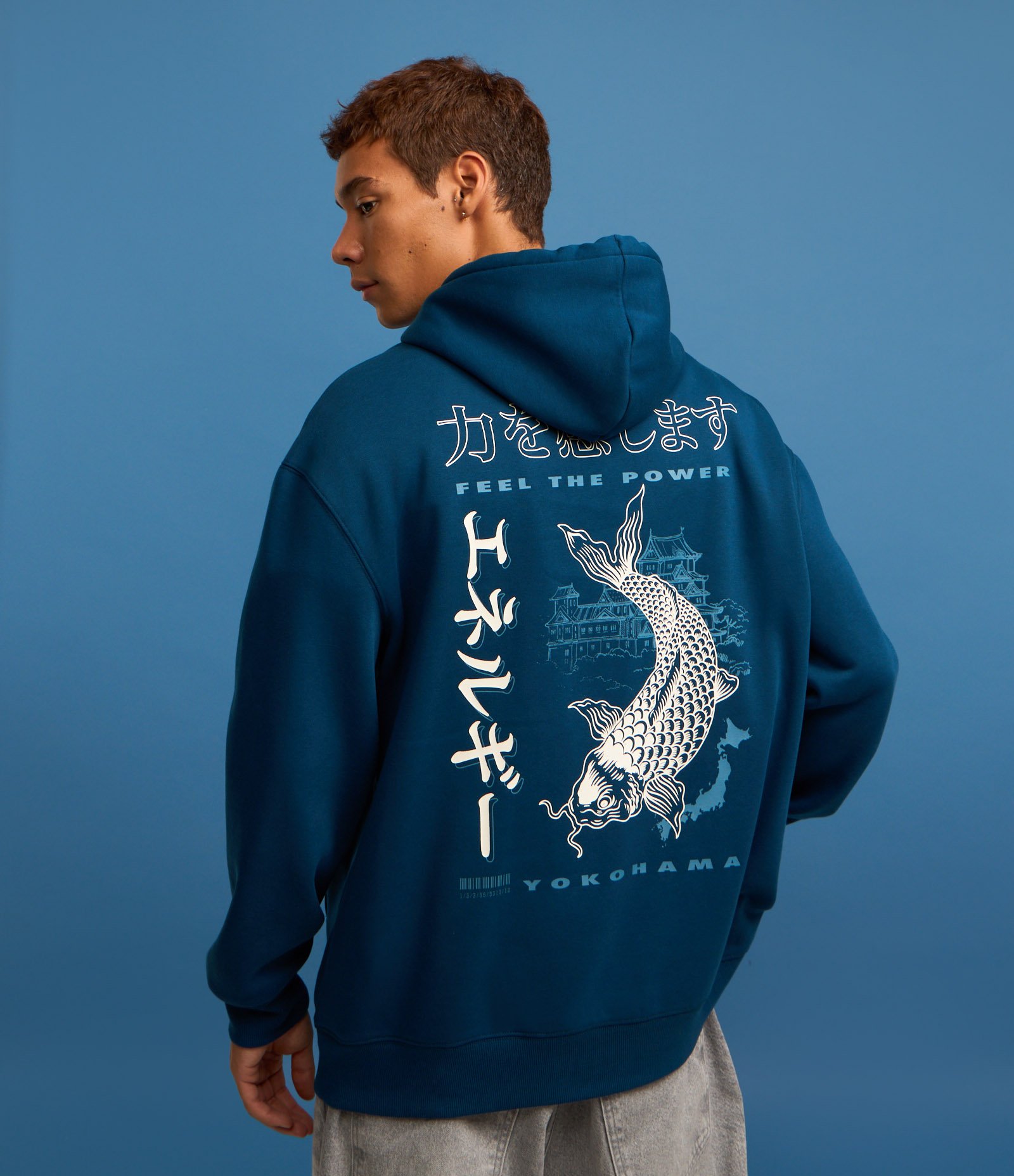 Blusão Relaxed em Moletom com Estampa Oriental e Peixe Carpa Azul 5