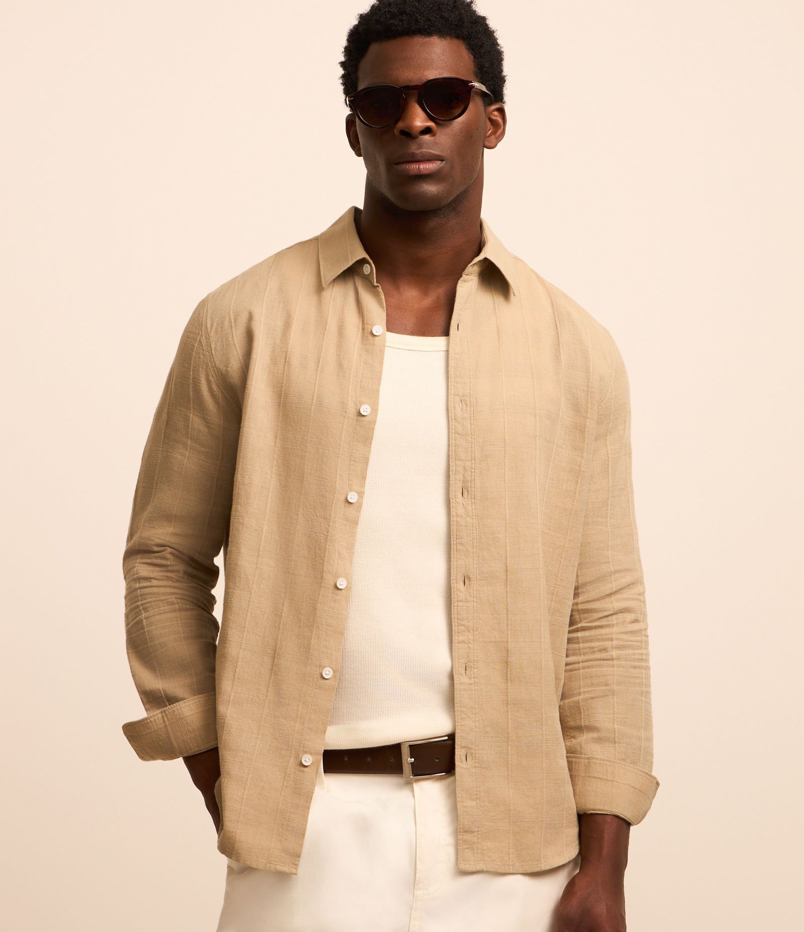 Camisa Regular em Linho com Textura Grid e Manga Longa 1