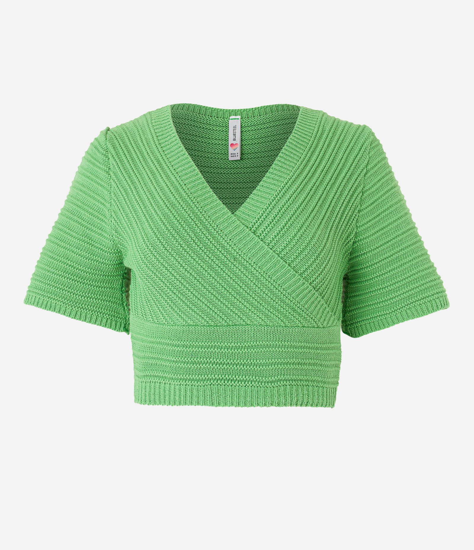 Blusa Cropped em Tricô com Ponto Diferenciado e Manga Curta Verde Médio 5