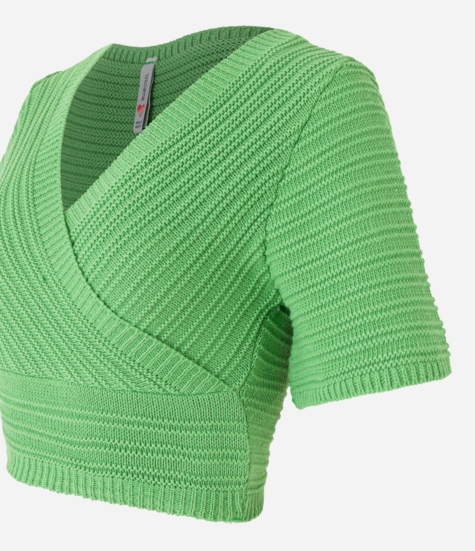 Blusa Cropped em Tricô com Ponto Diferenciado e Manga Curta Verde Médio 6