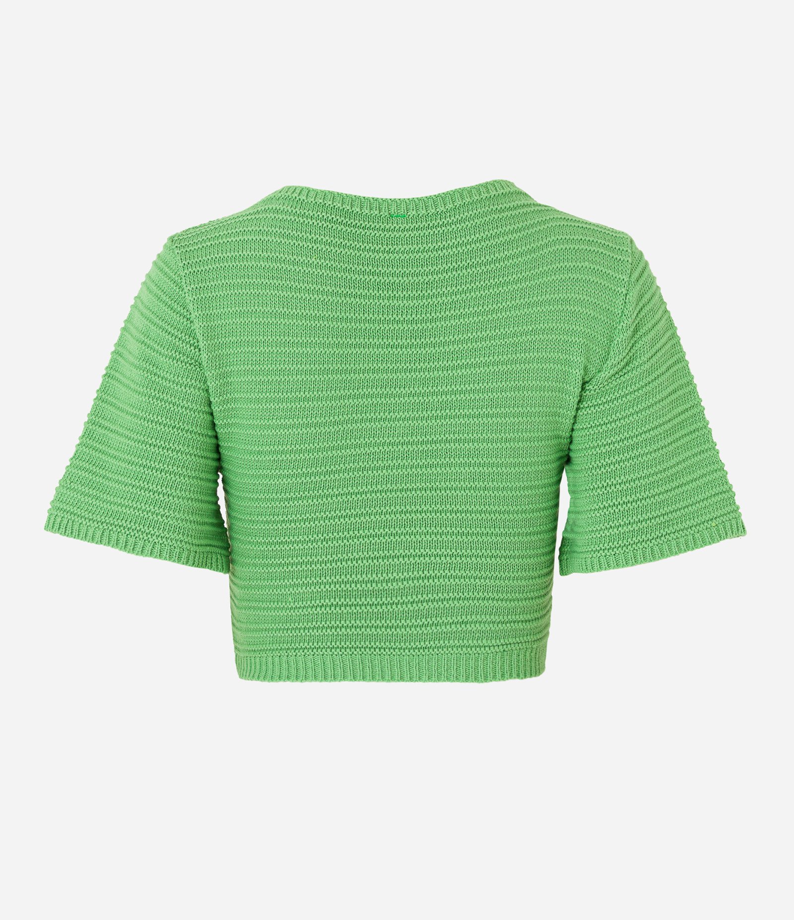 Blusa Cropped em Tricô com Ponto Diferenciado e Manga Curta Verde Médio 7