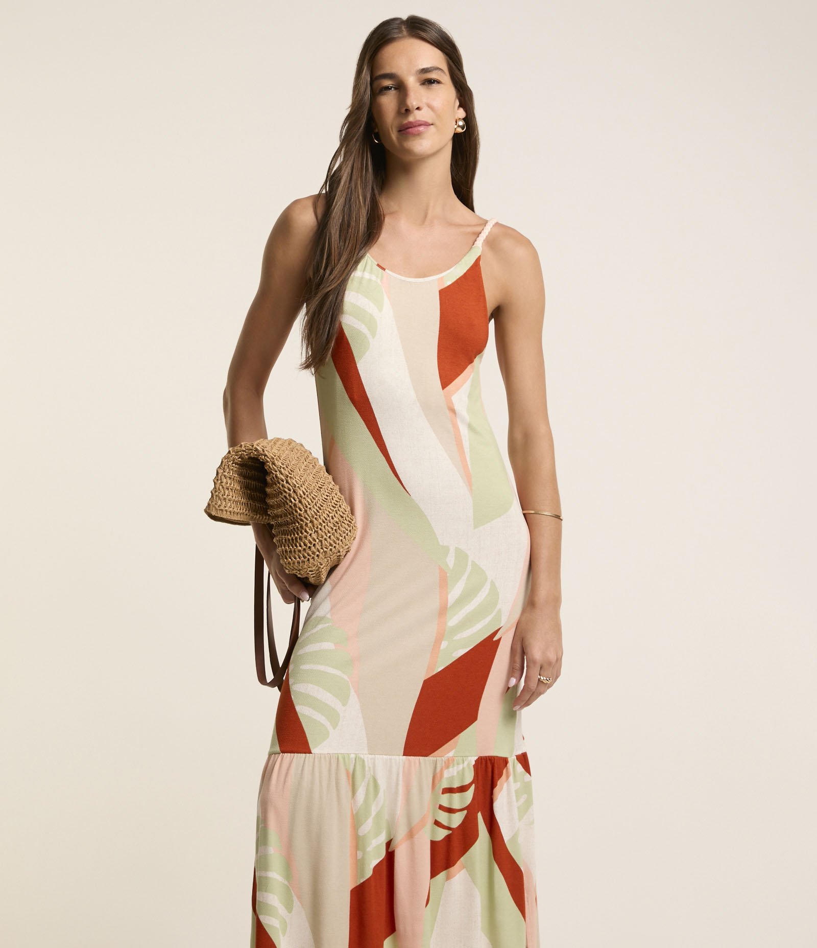 Vestido New Midi em Viscose com Estampa de Folhagem e Babado na Barra Multicores 1