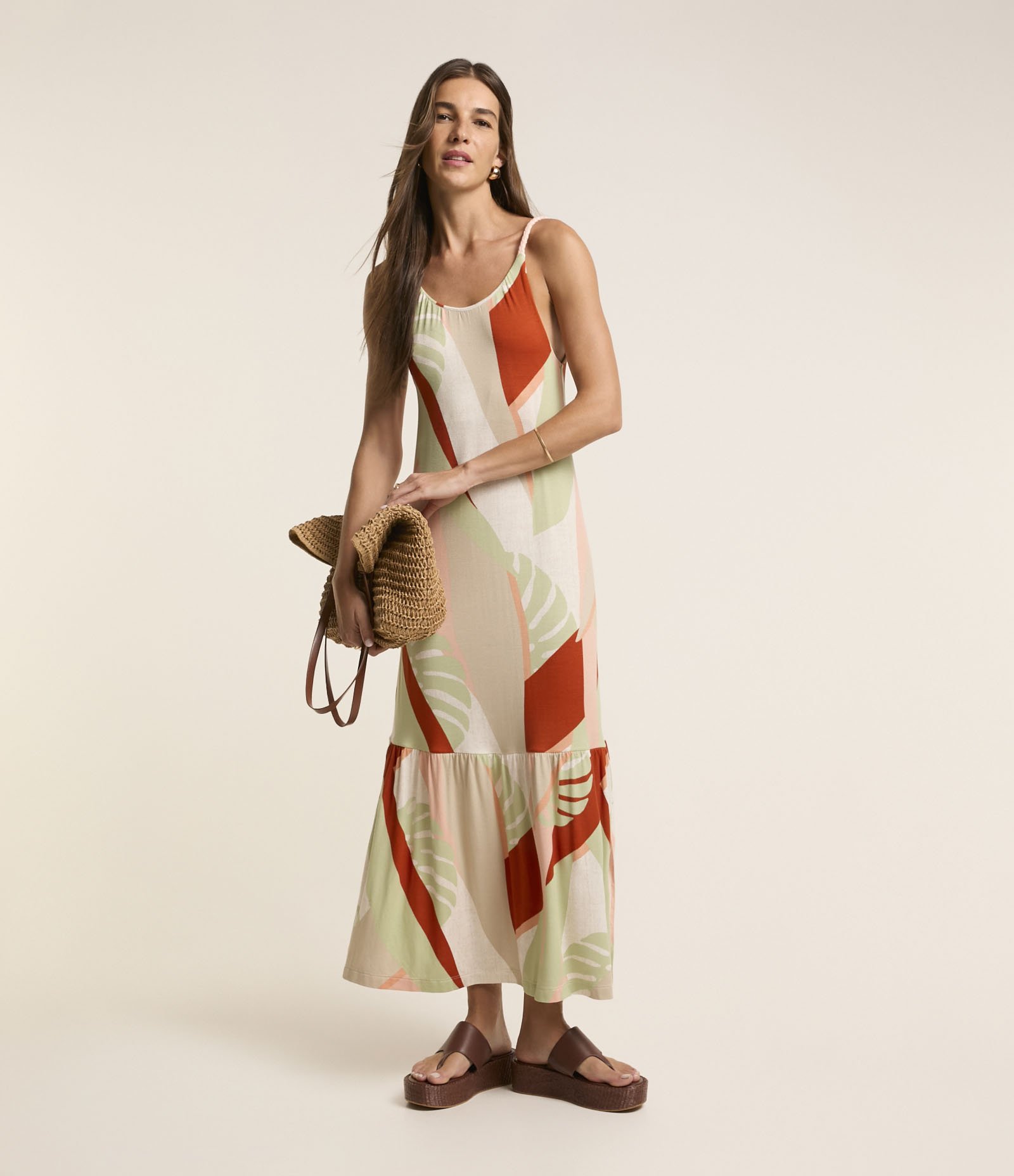 Vestido New Midi em Viscose com Estampa de Folhagem e Babado na Barra Multicores 2