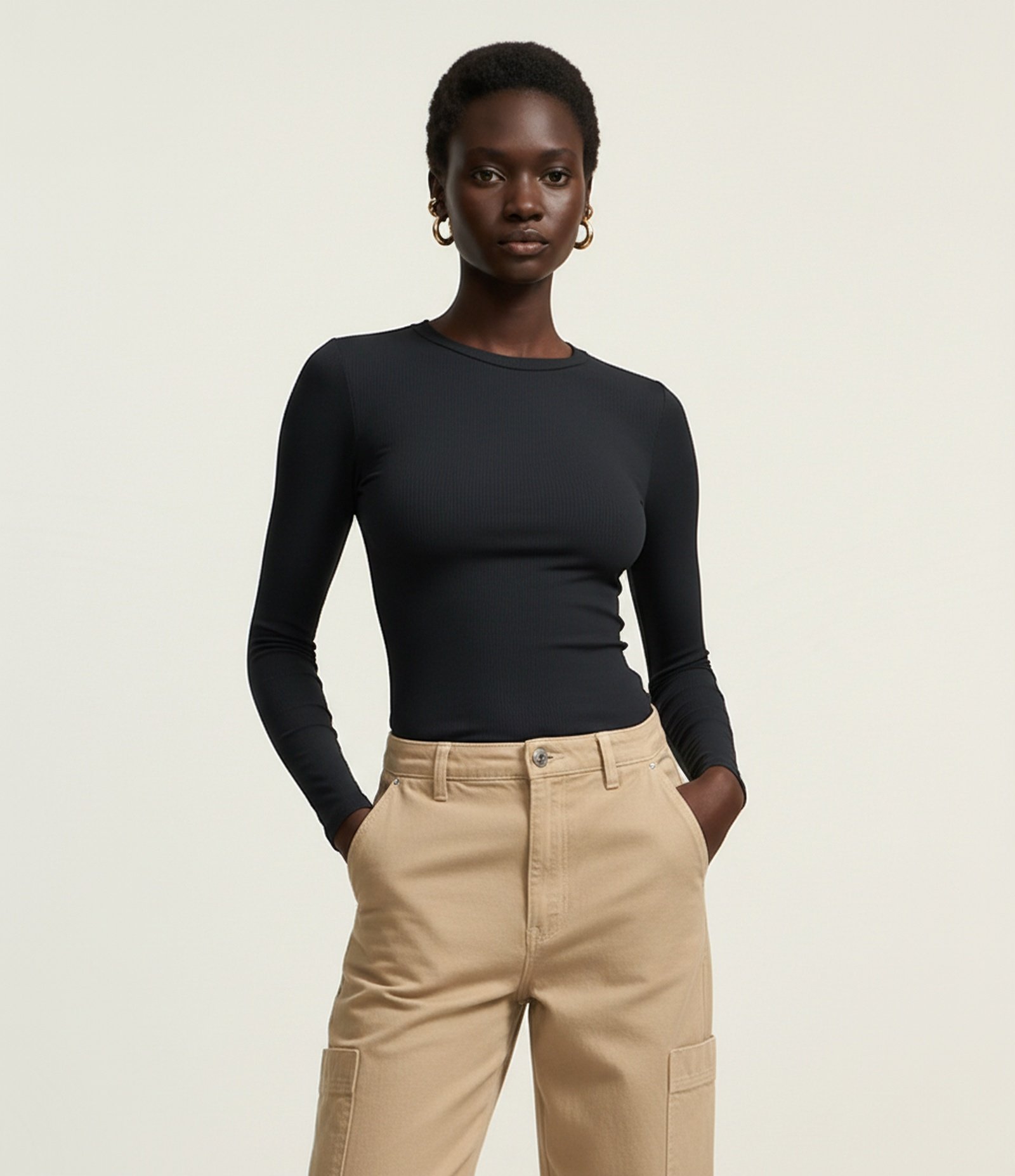 Blusa Manga Longa em Ribana de Poliamida Preto 4