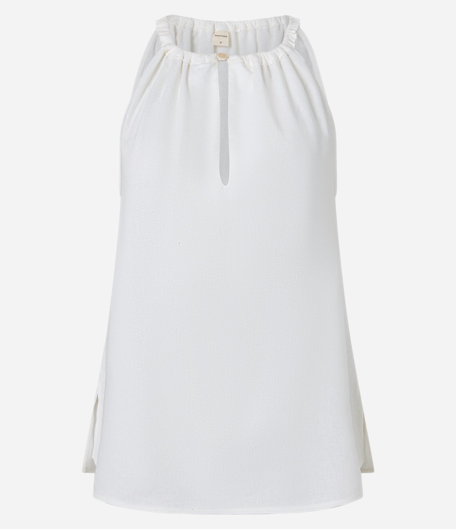 Blusa Regata em Viscolinho Gola com Abertura Franzida e Botão Branco 5