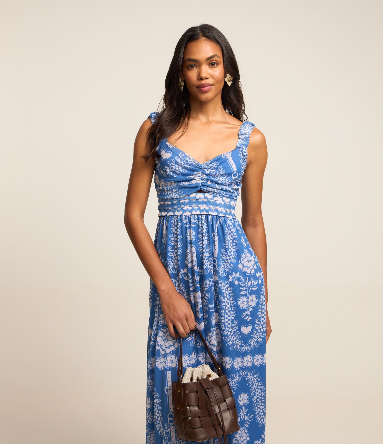 Vestido Midi em Tule com Decote Coração e Estampa Étnica Azul 1