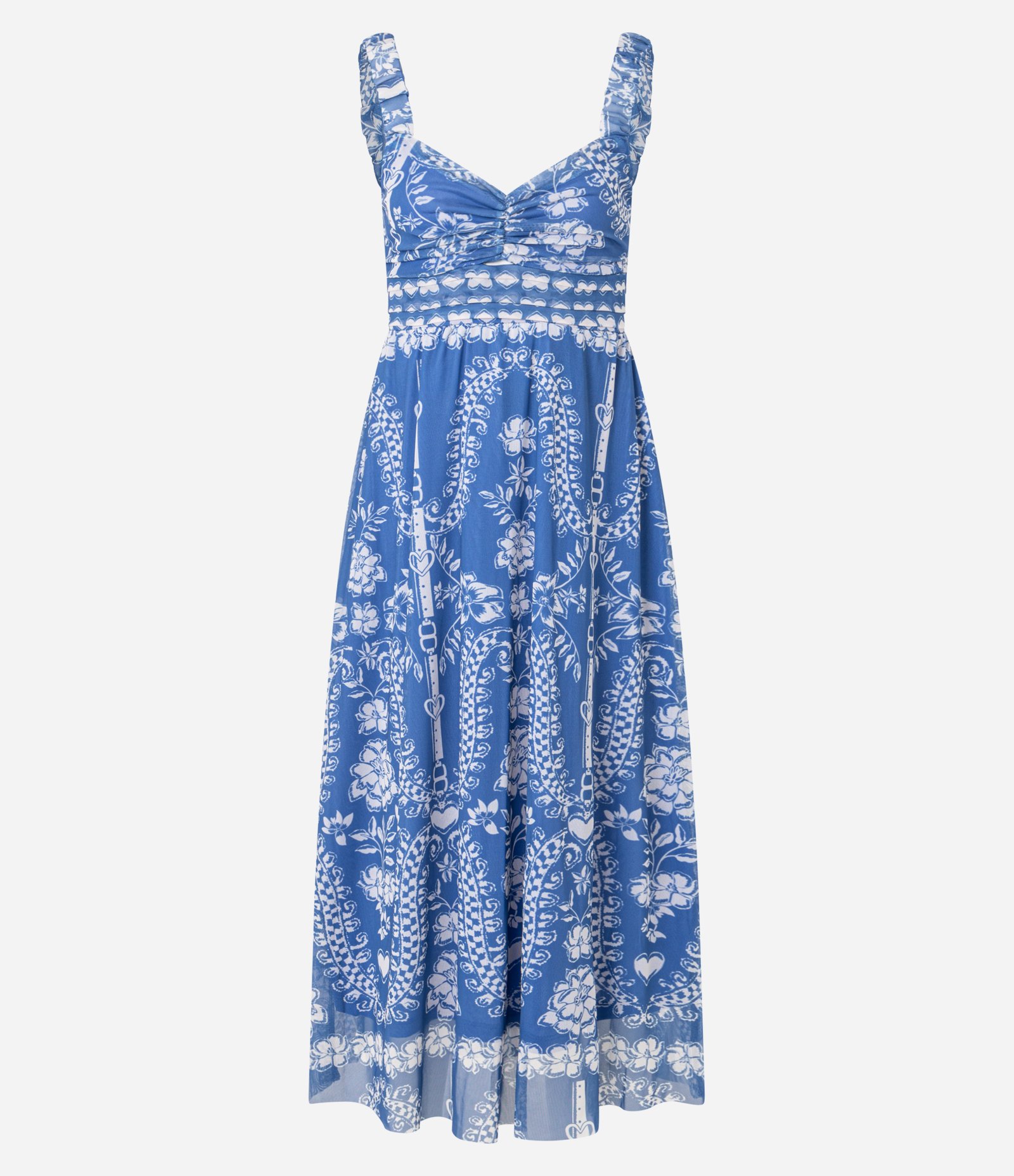 Vestido Midi em Tule com Decote Coração e Estampa Étnica Azul 6