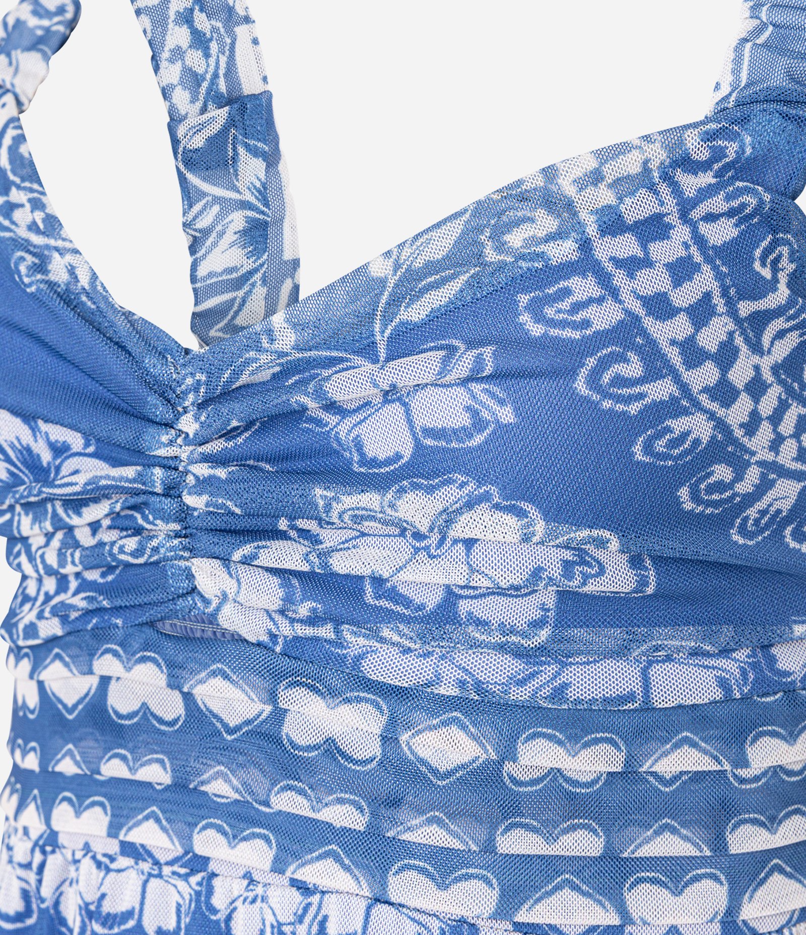 Vestido Midi em Tule com Decote Coração e Estampa Étnica Azul 7