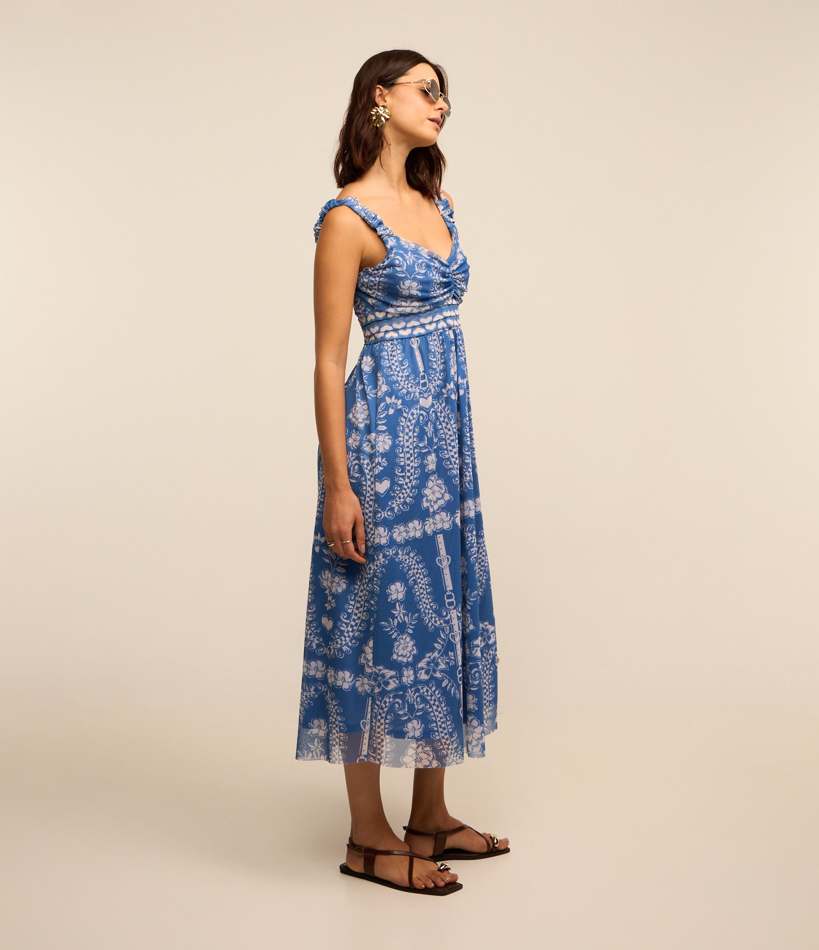 Vestido Midi em Tule com Decote Coração e Estampa Étnica Azul 2