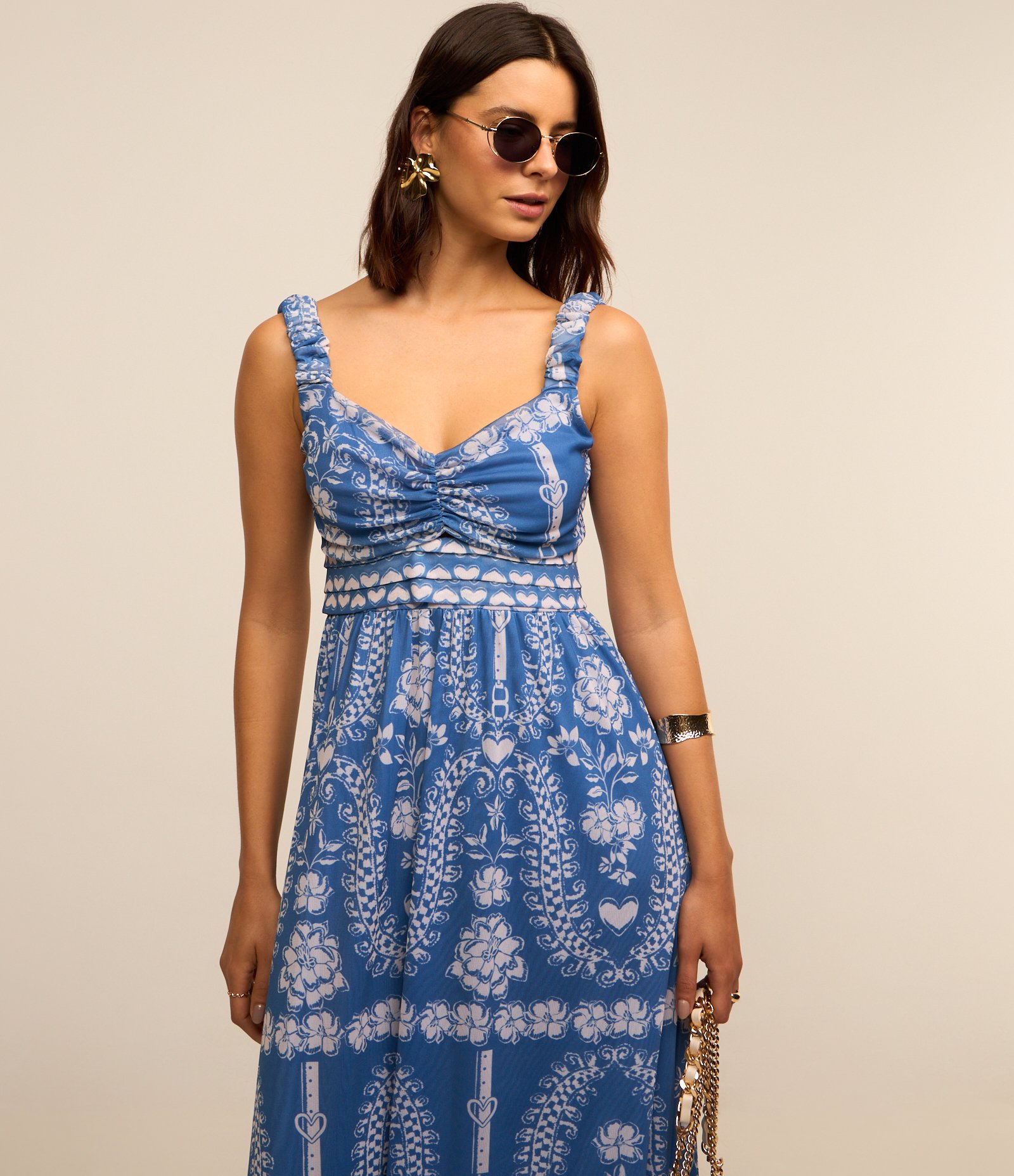 Vestido Midi em Tule com Decote Coração e Estampa Étnica Azul 3