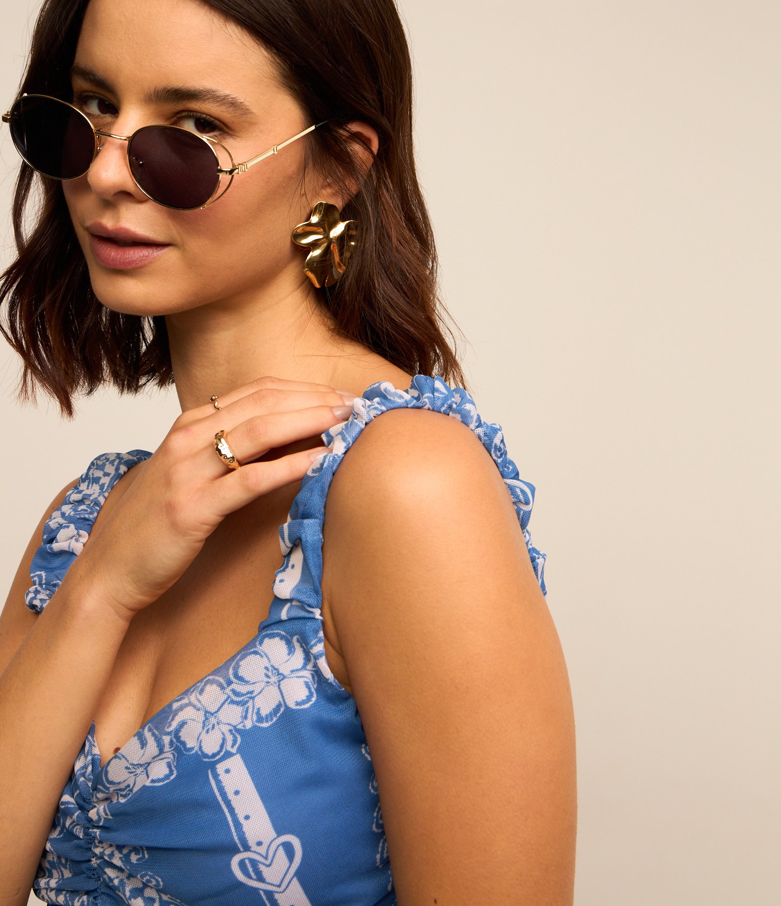 Vestido Midi em Tule com Decote Coração e Estampa Étnica Azul 4