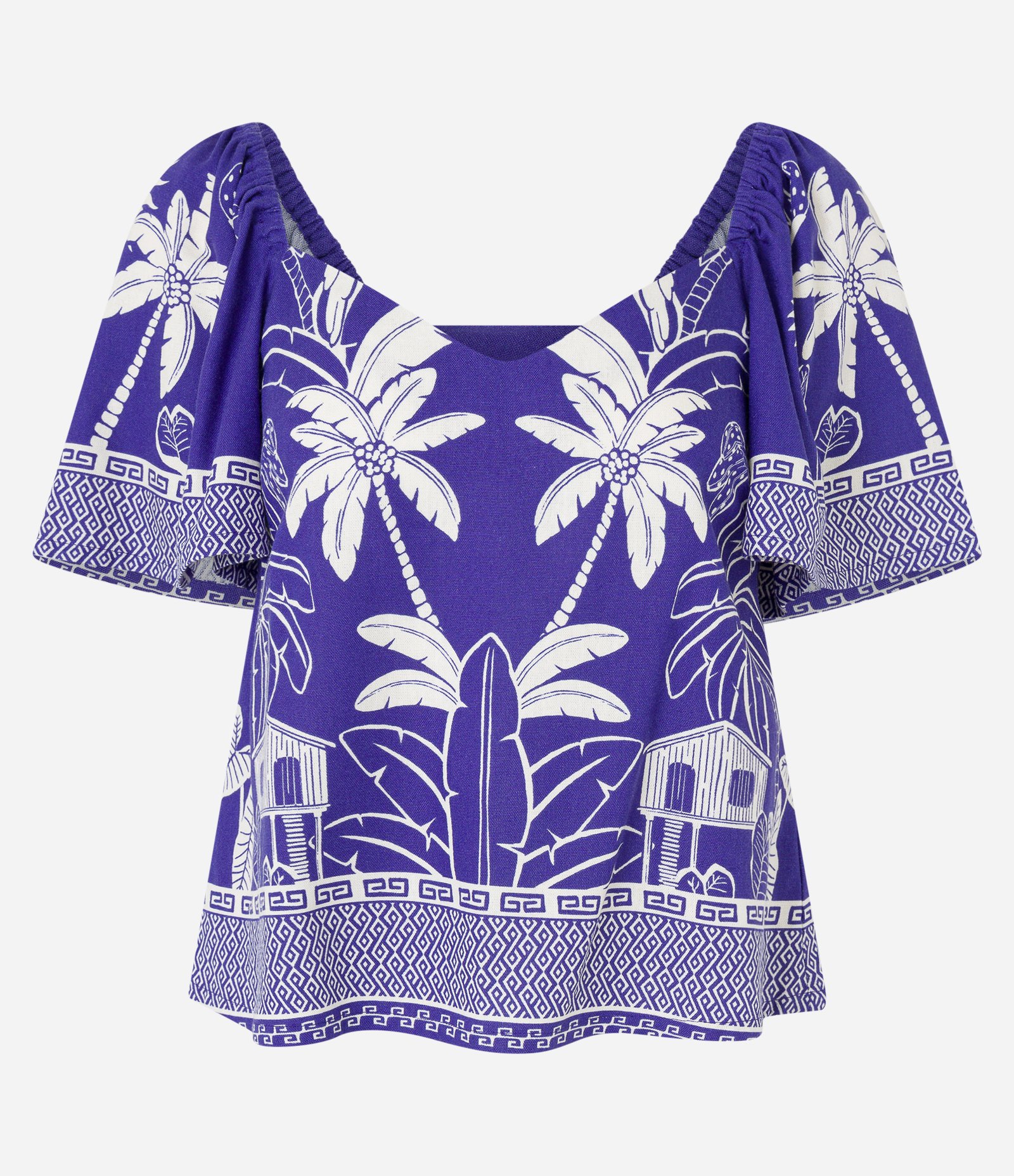 Blusa Curta em Viscose e Linho com Estampa Tropical Azul 4