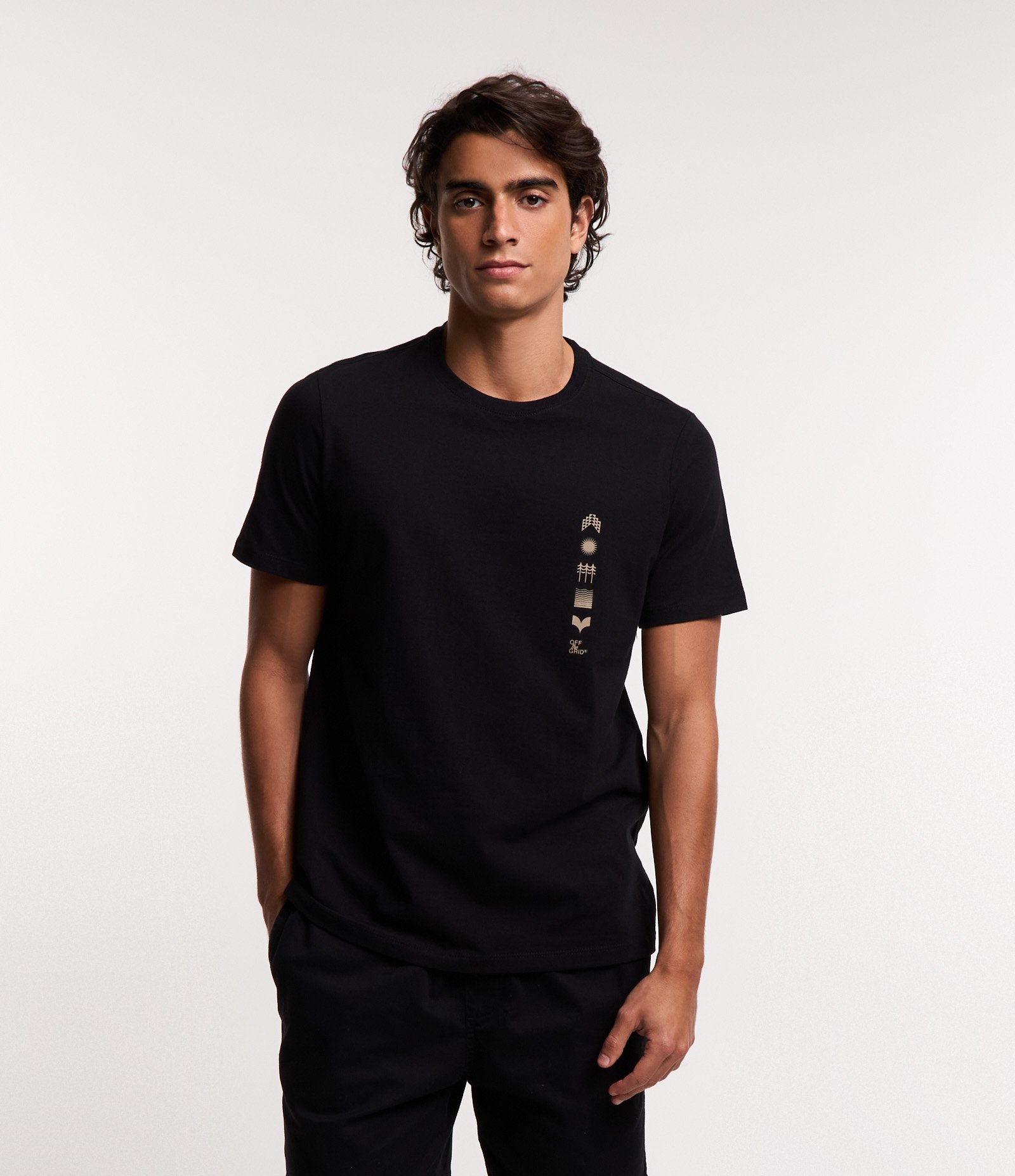 Camiseta Regular em Algodão com Estampa em Ícones Verticais Preto 1