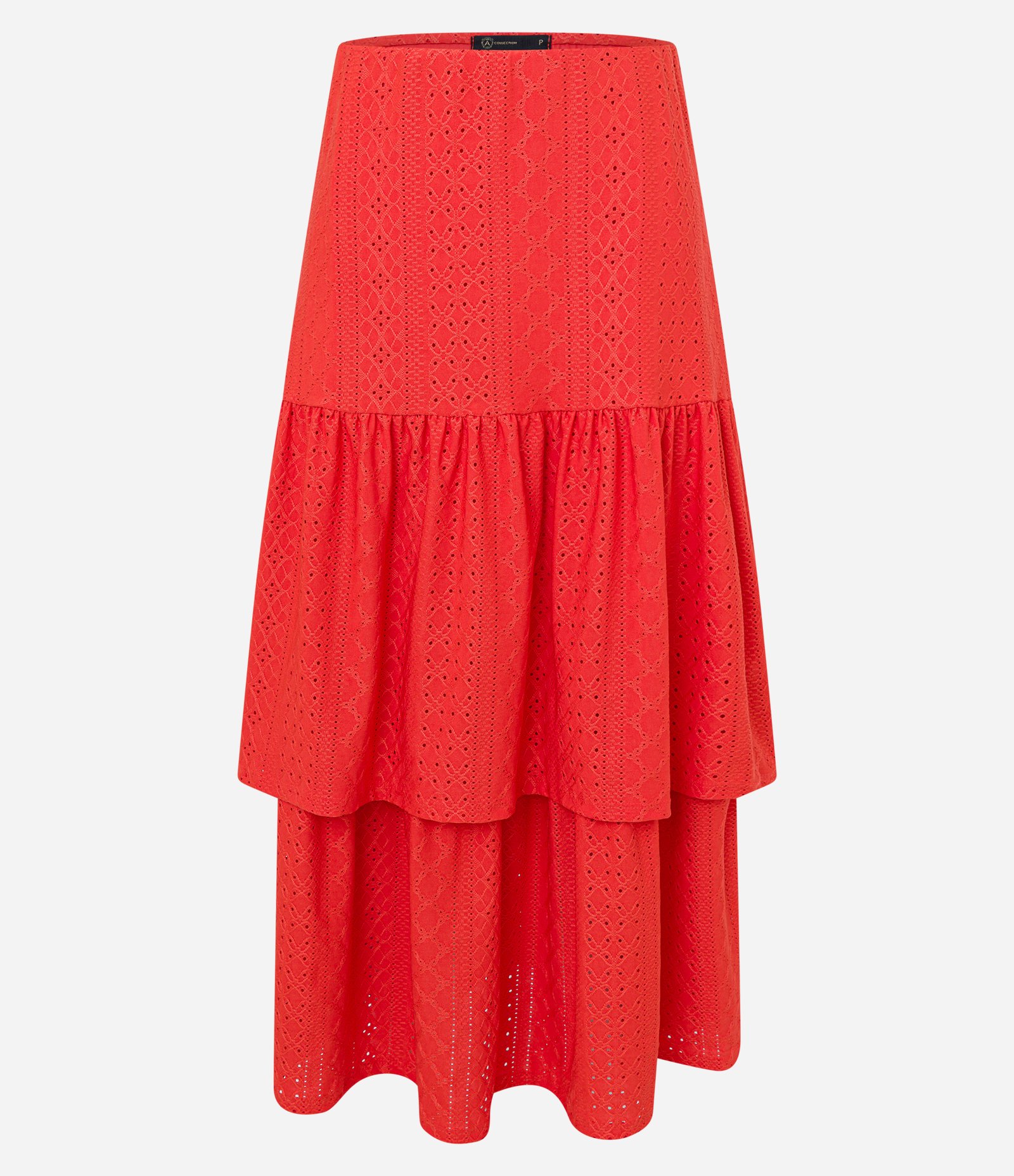 Saia Midi Evasê em Laise com Babados na Barra Vermelho 4