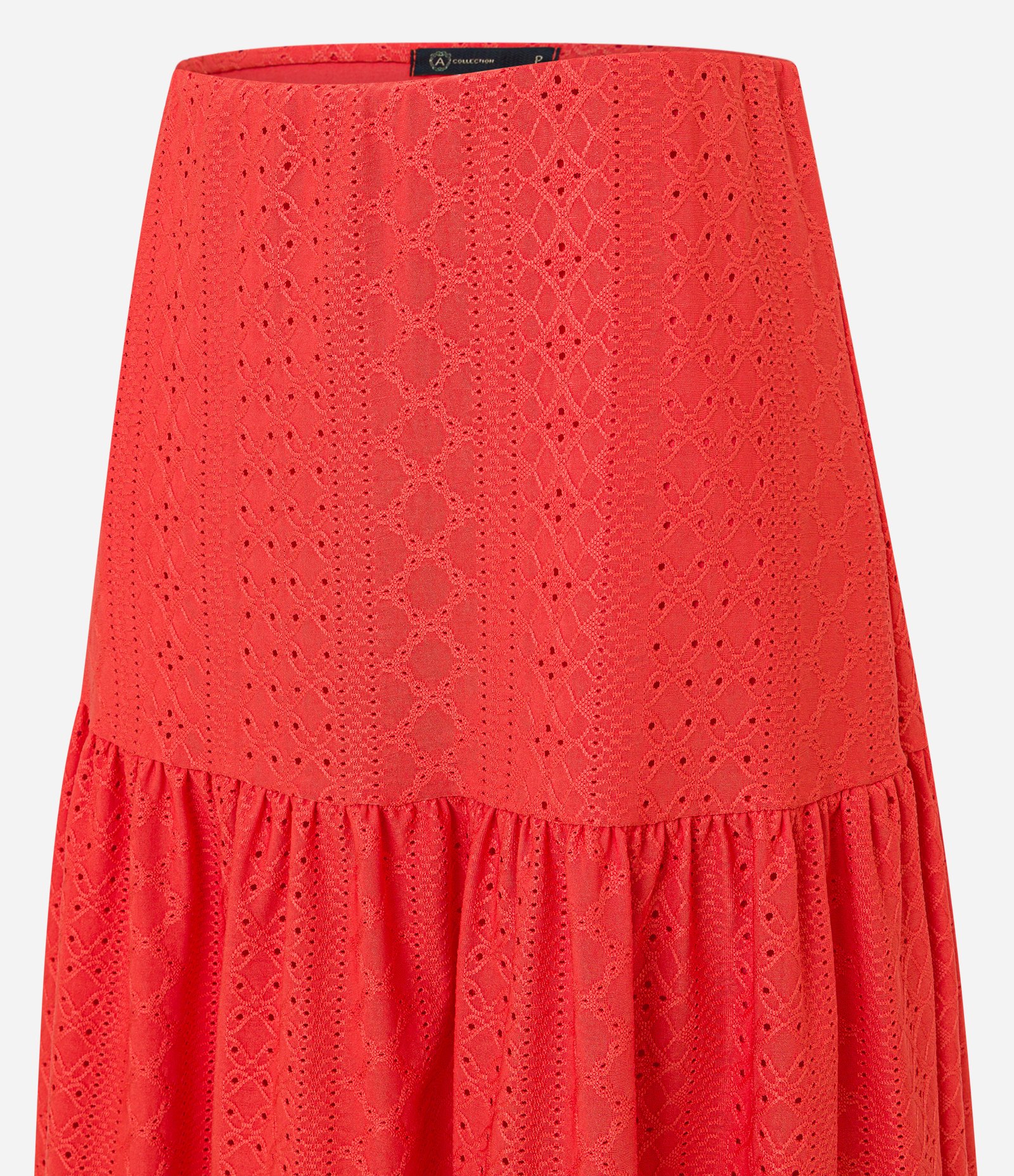 Saia Midi Evasê em Laise com Babados na Barra Vermelho 5