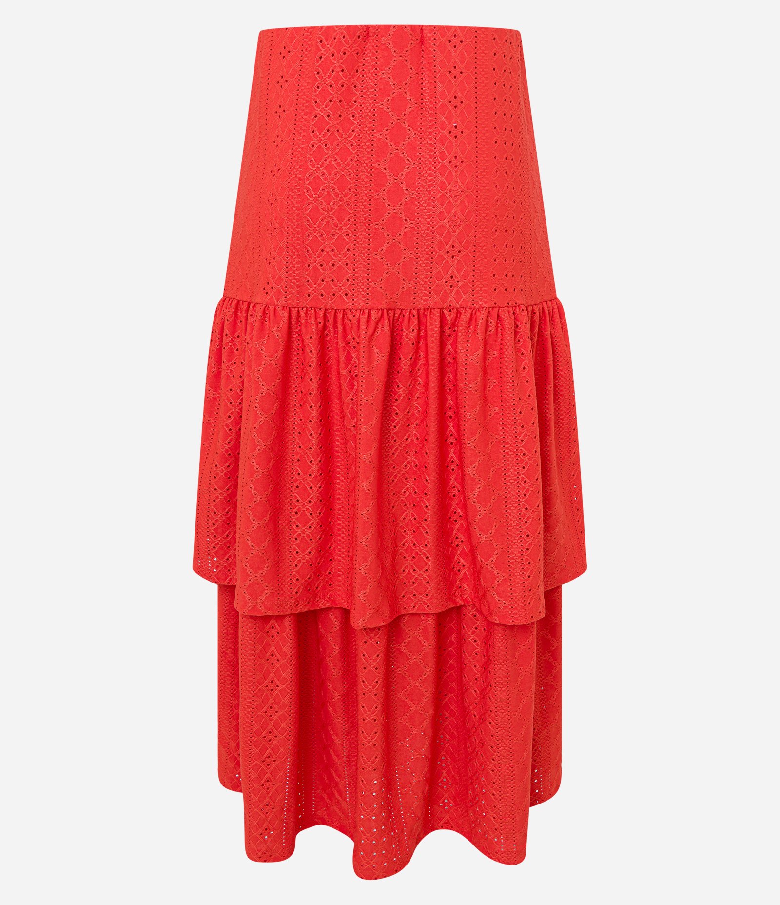 Saia Midi Evasê em Laise com Babados na Barra Vermelho 6