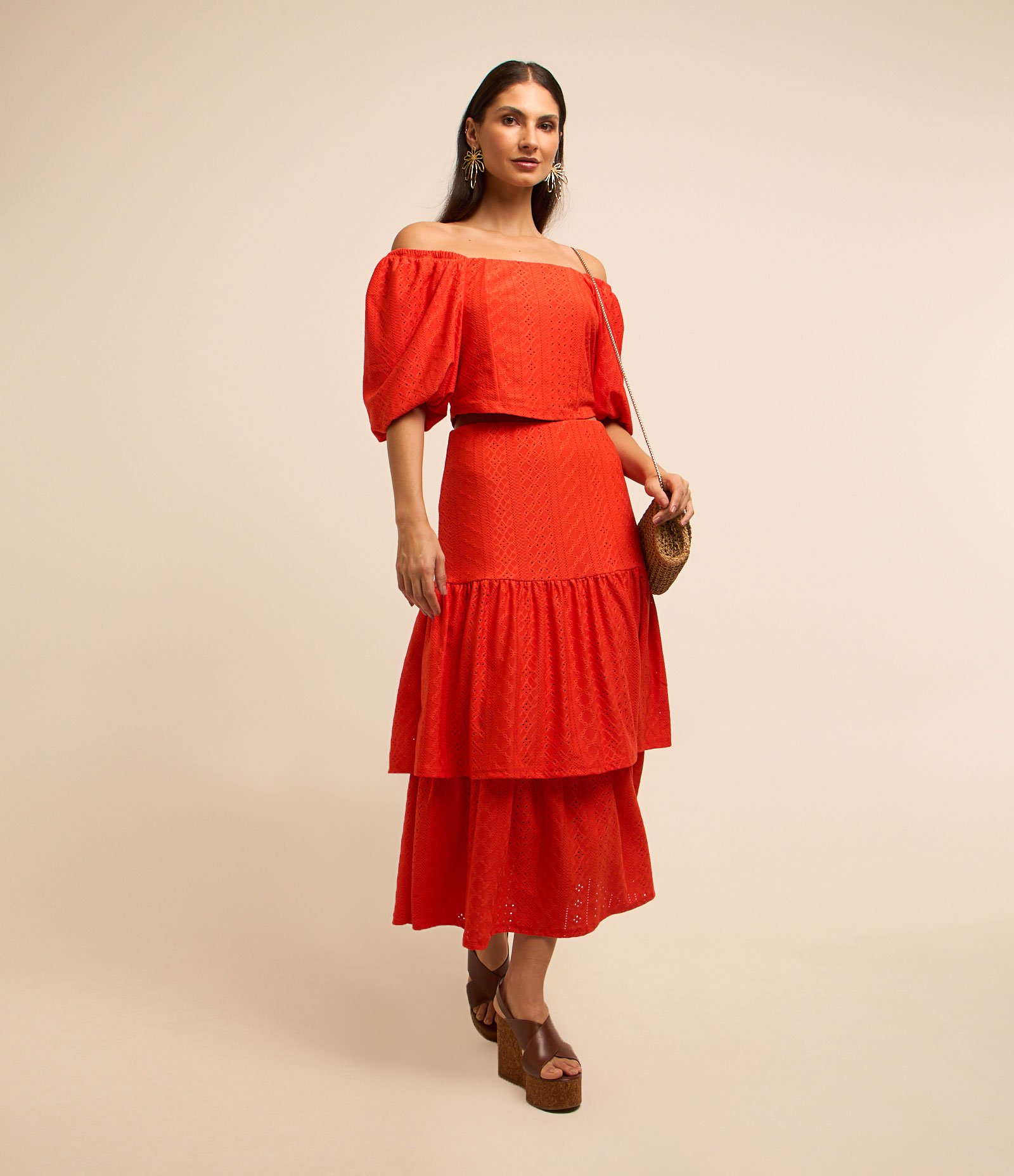 Saia Midi Evasê em Laise com Babados na Barra Vermelho 1