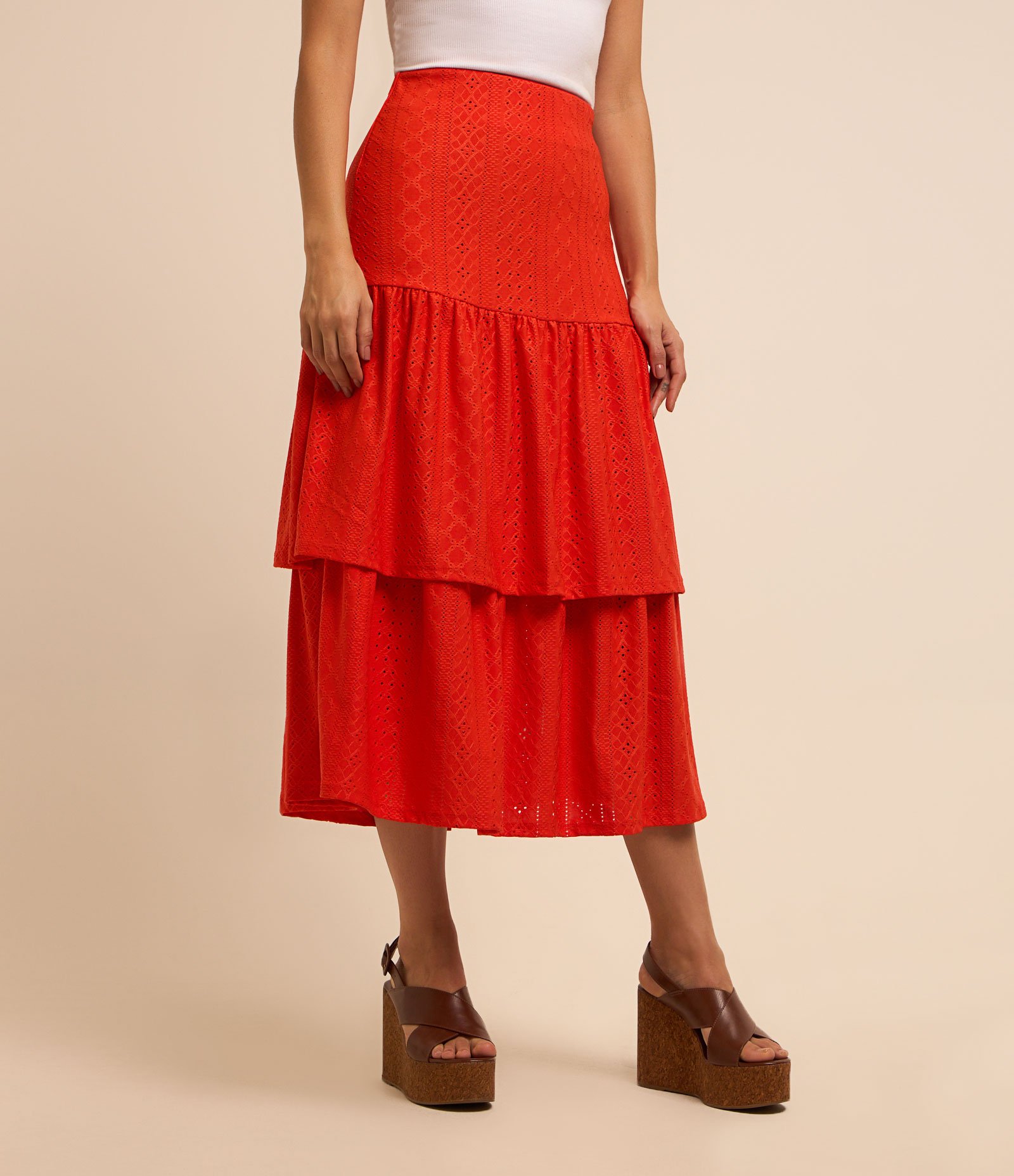 Saia Midi Evasê em Laise com Babados na Barra Vermelho 2