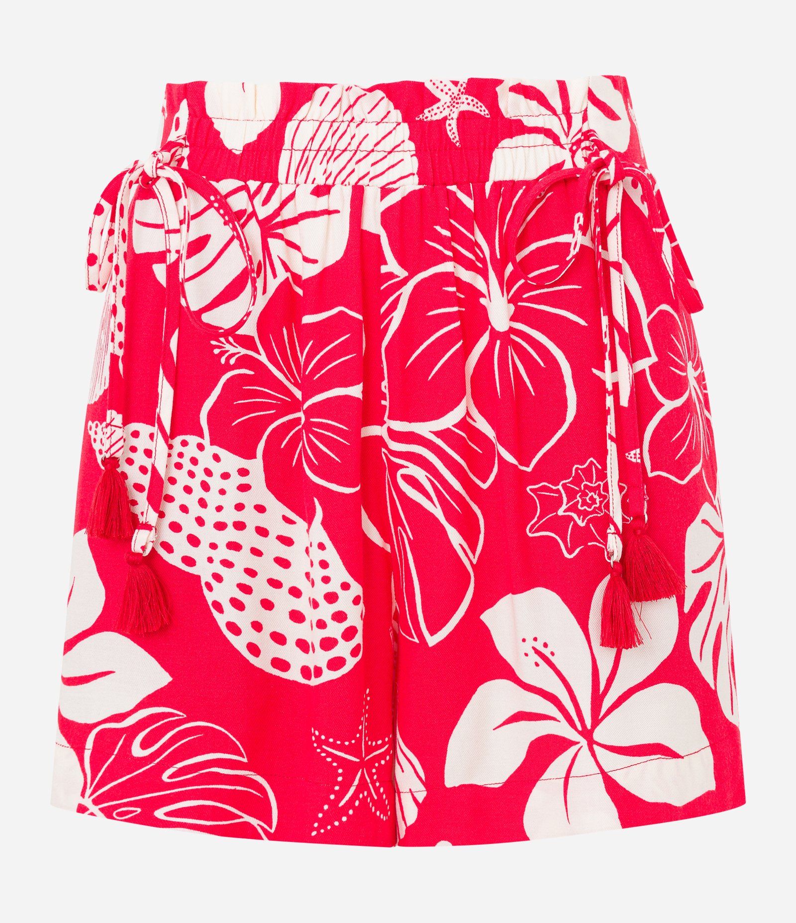 Short Curto em Viscose com Amarração e Estampa Tropical Vermelho 5