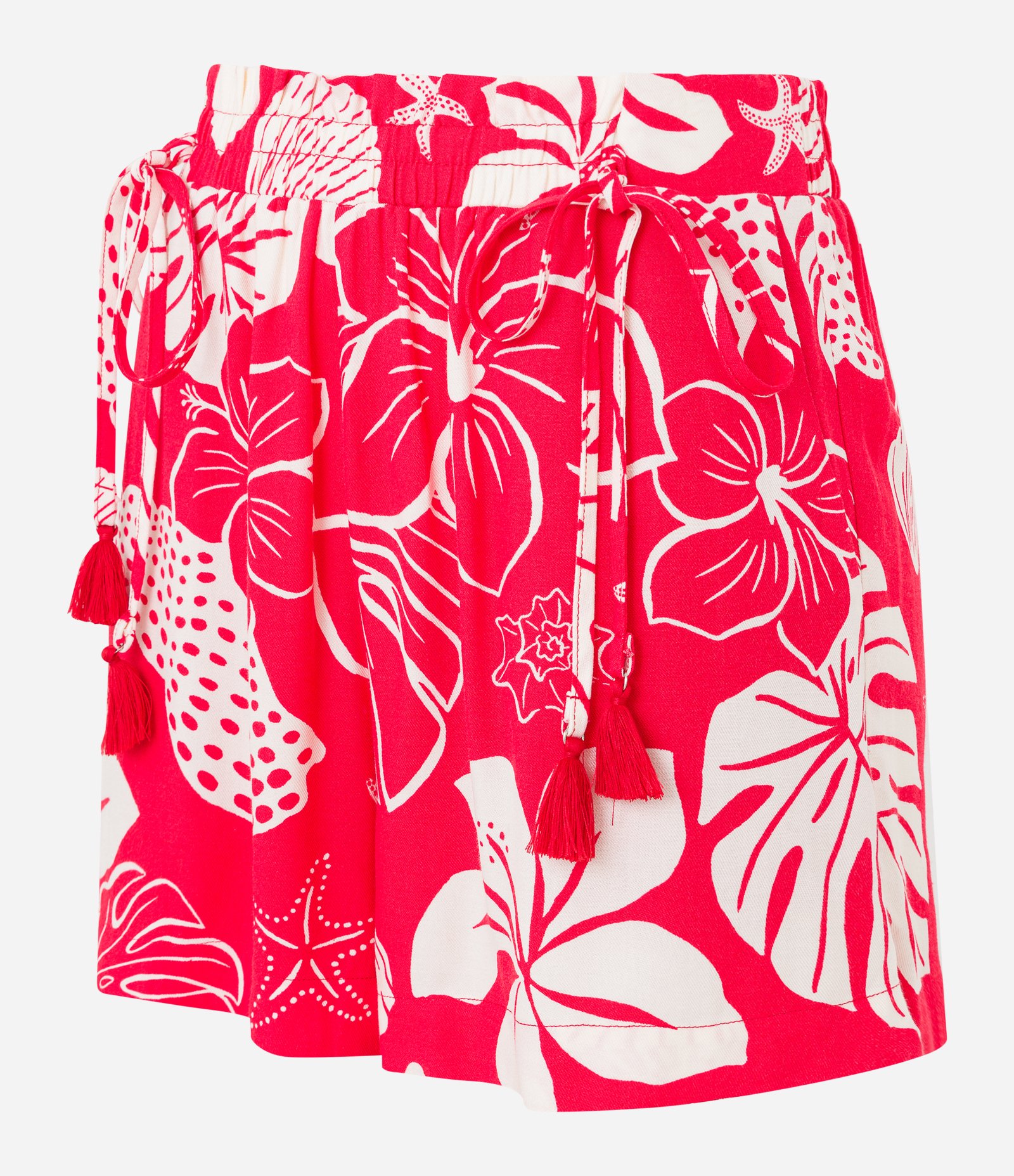 Short Curto em Viscose com Amarração e Estampa Tropical Vermelho 6