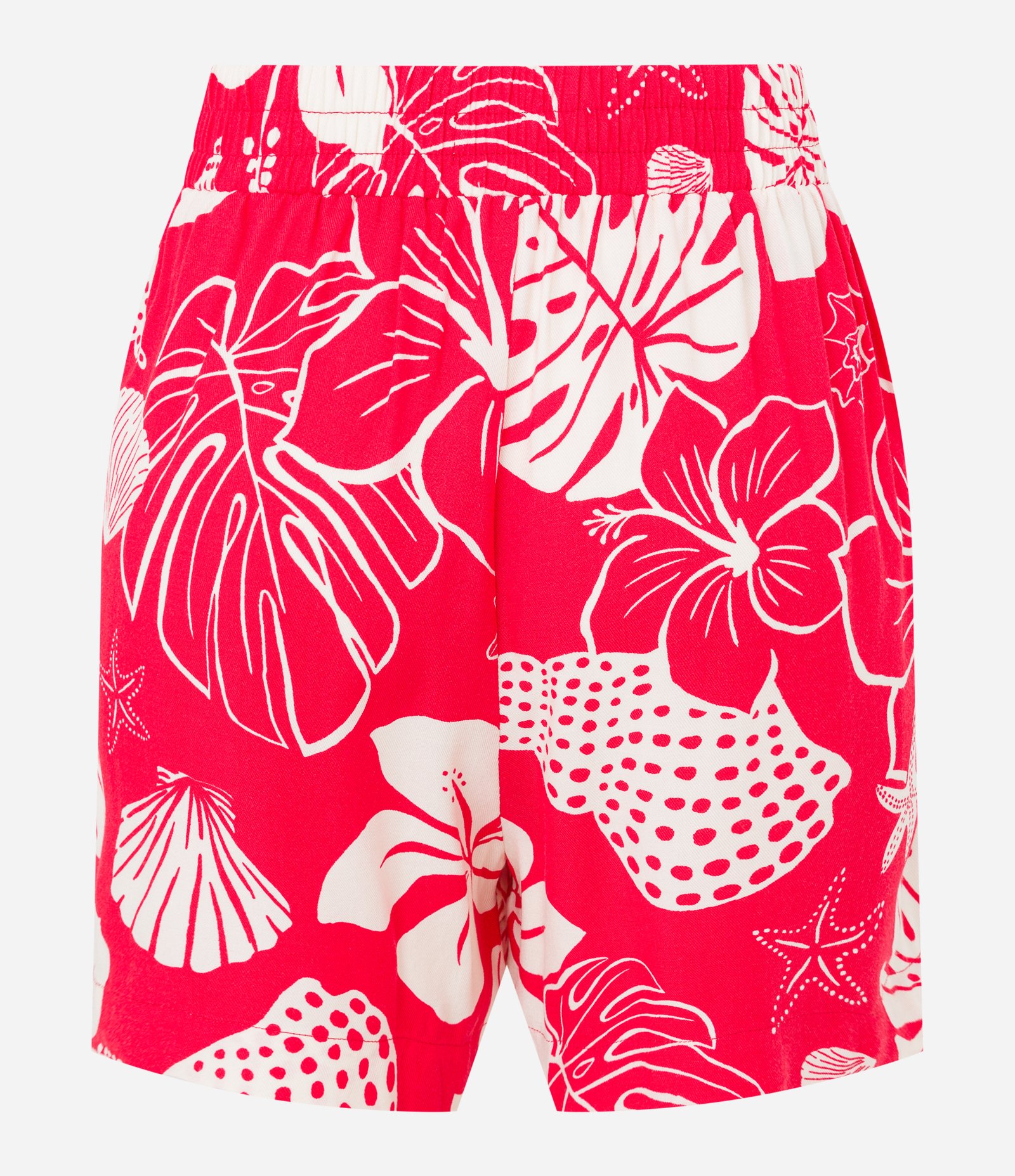 Short Curto em Viscose com Amarração e Estampa Tropical Vermelho 7