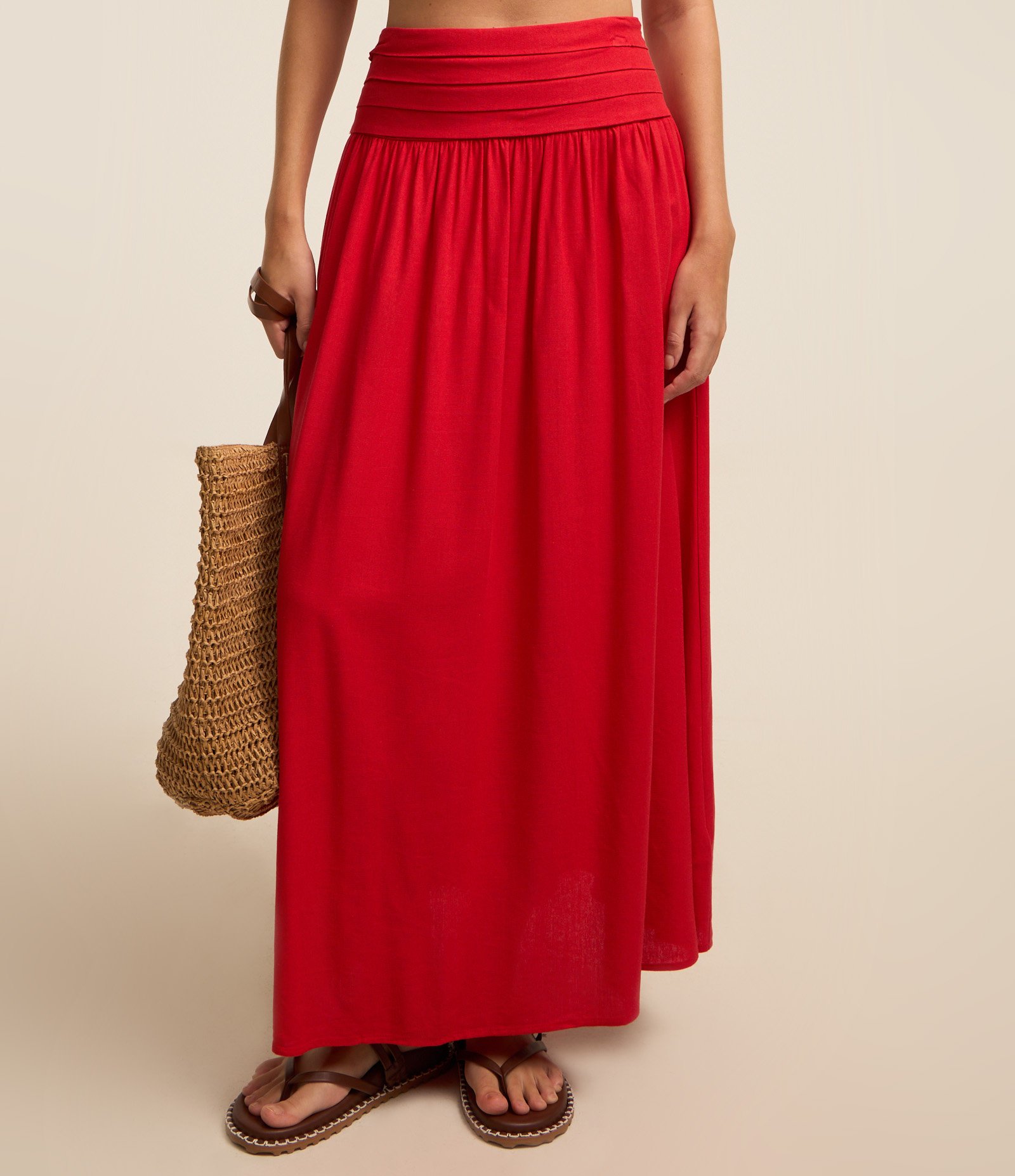 Saia New Midi em Viscolinho com Cós Largo com Recortes Vermelho 3