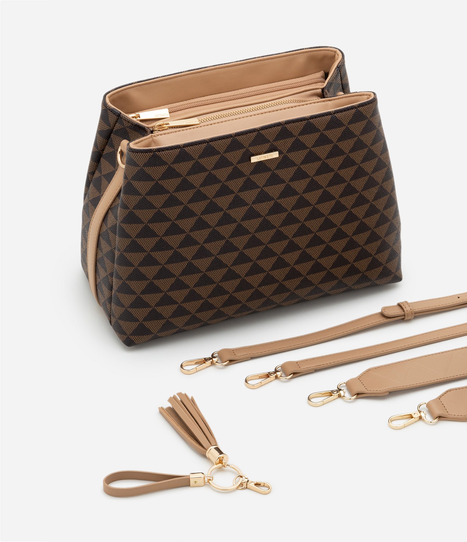 Bolsa Satchel em PU com Alça Gorgorão e Estampa Triângulos U 9