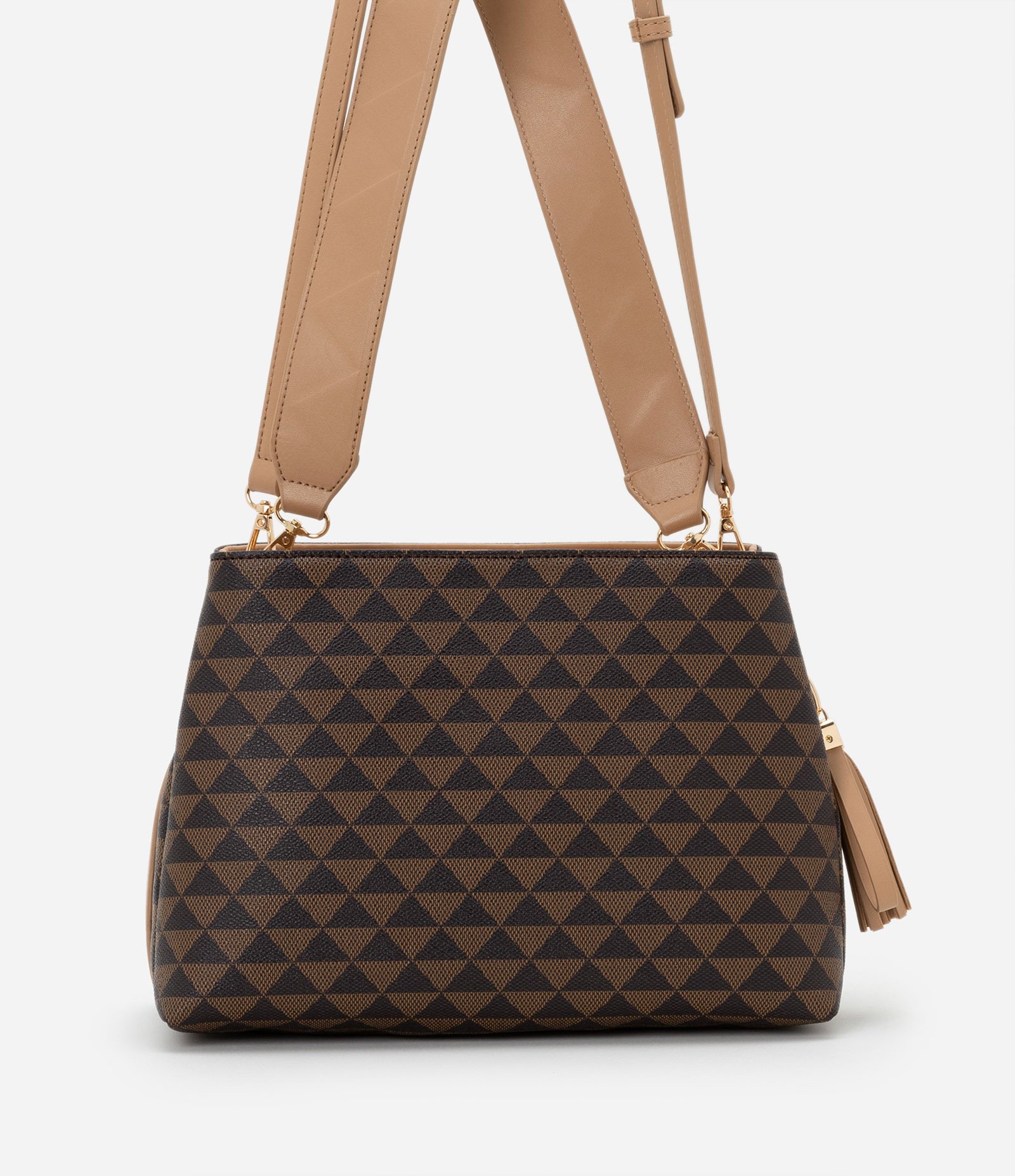 Bolsa Satchel em PU com Alça Gorgorão e Estampa Triângulos U 3