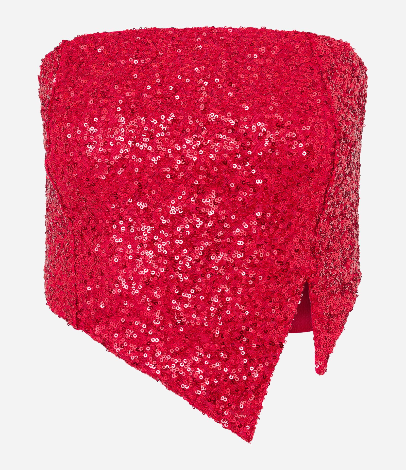 Blusa Cropped em Paetê Tomara Que Caia com Pontas Assimétricas e Recortes Vermelho 4