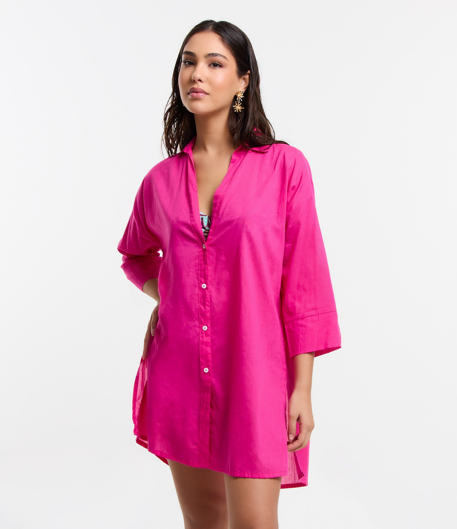 Saída de Praia Camisa em Voal com Mangas 3/4 Rosa Shock 1
