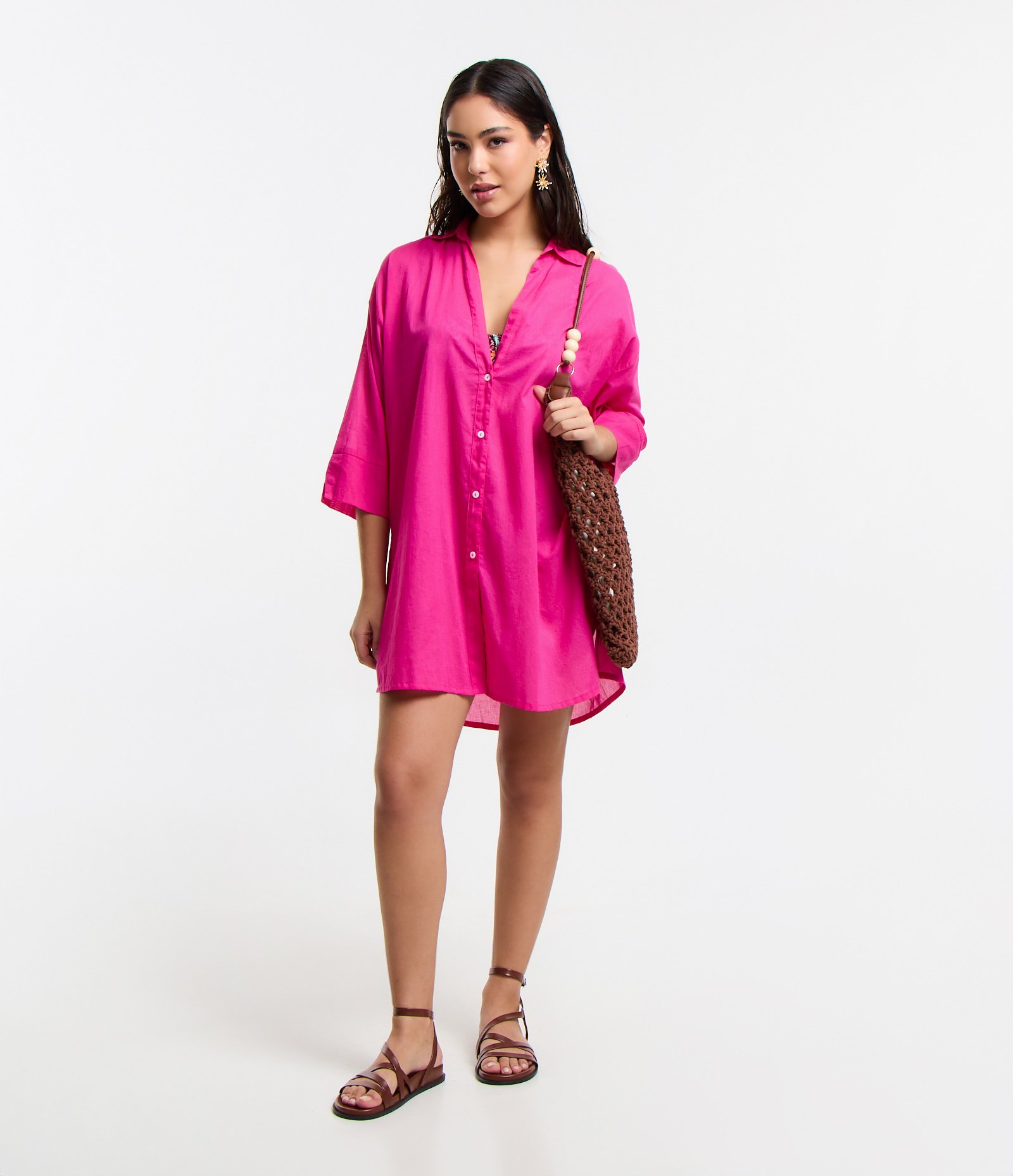 Saída de Praia Camisa em Voal com Mangas 3/4 Rosa Shock 2