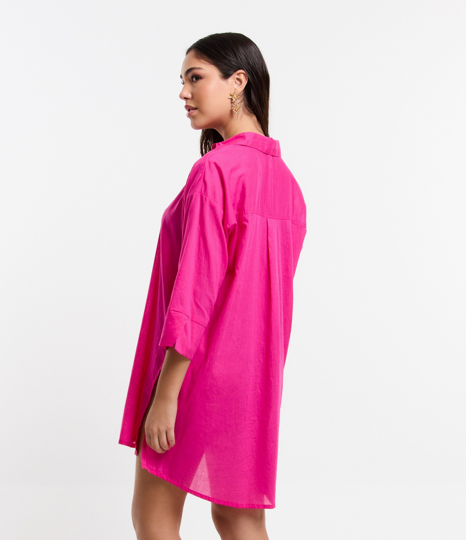 Saída de Praia Camisa em Voal com Mangas 3/4 Rosa Shock 3