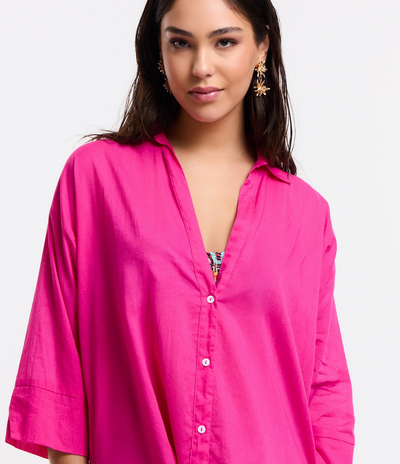 Saída de Praia Camisa em Voal com Mangas 3/4 Rosa Shock 4