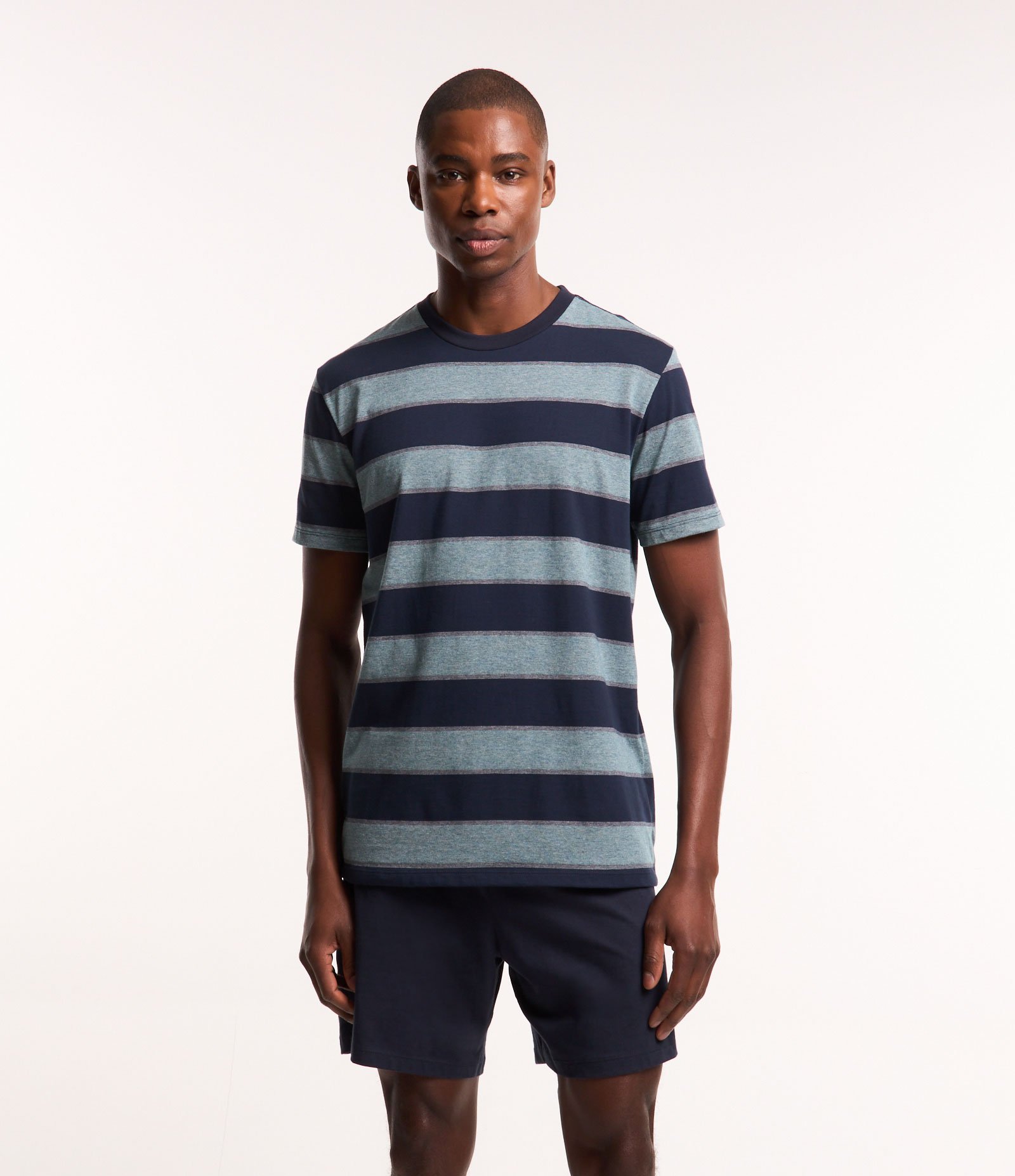 Pijama Curto em Malha de Algodão com Listras Azul 1